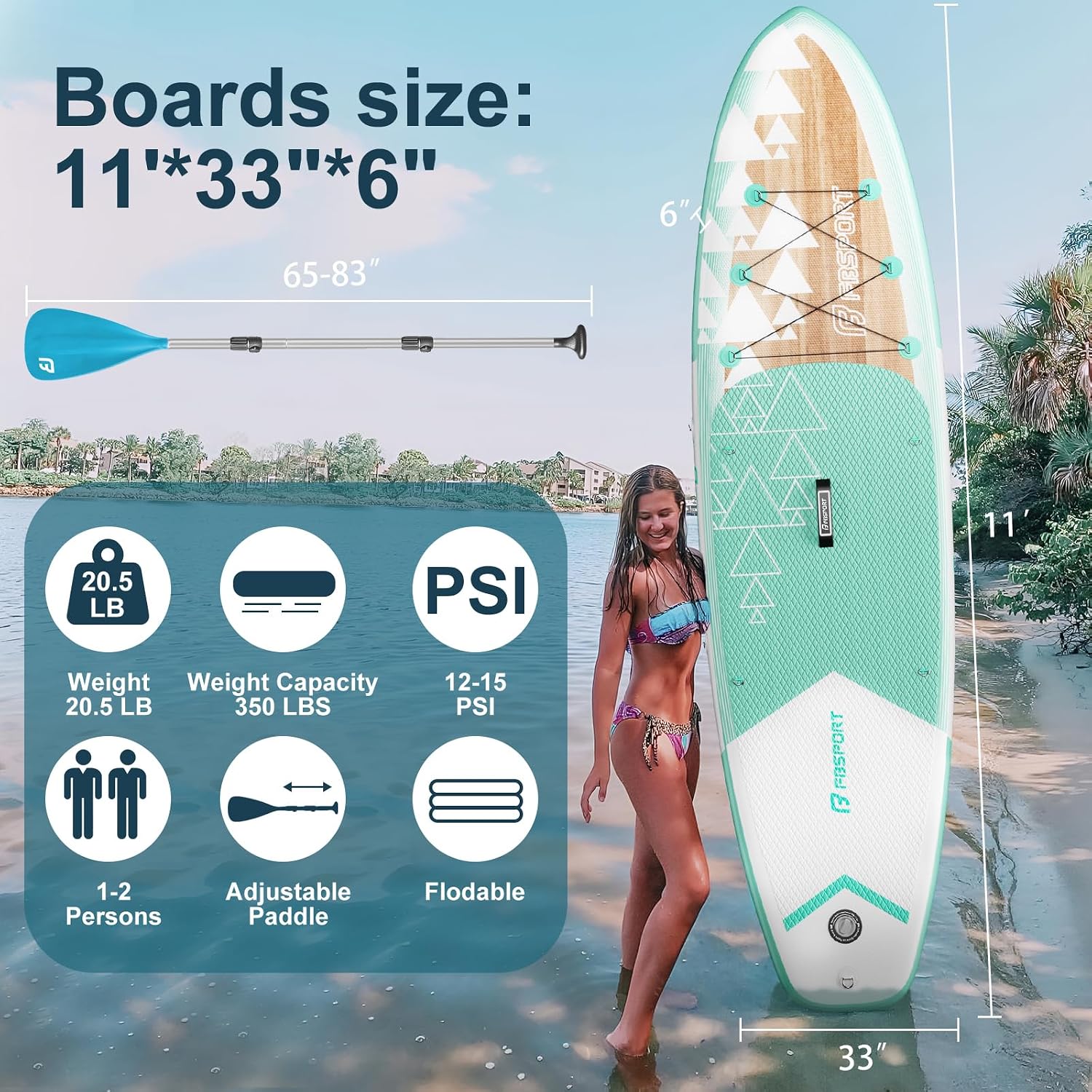 FBSPORT 11' Premium Stand Up Paddle Board, Yoga Board with SUP Accessories & Carry Bag | Wide Stance, Surf Control, Non-Slip Deck, Leash