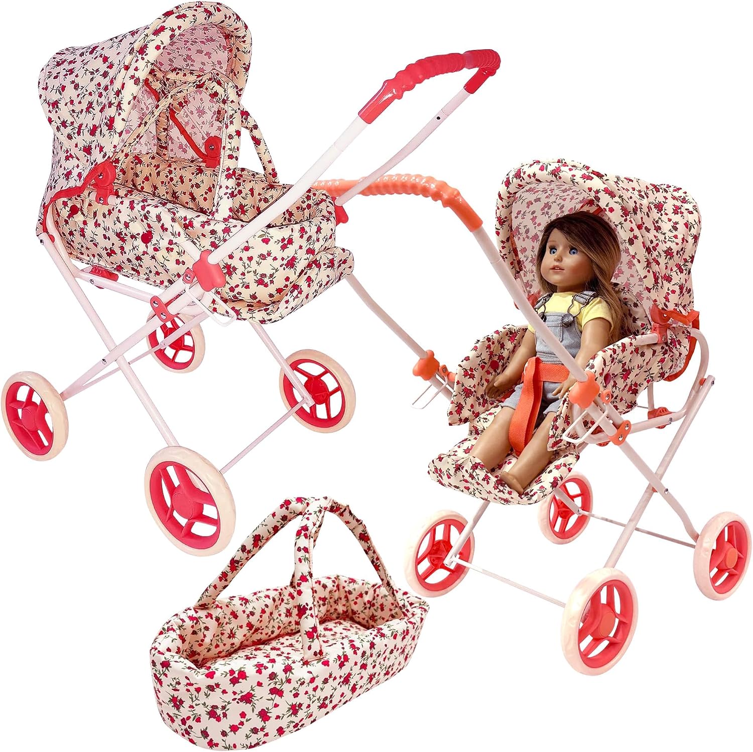 Baby Doll Stroller Play Set, 3-in-1 Babydoll Stroller with Removable Bassinet Baby Carriage for Dolls Toy Doll Stroller for Toddlers 3-4 Years,