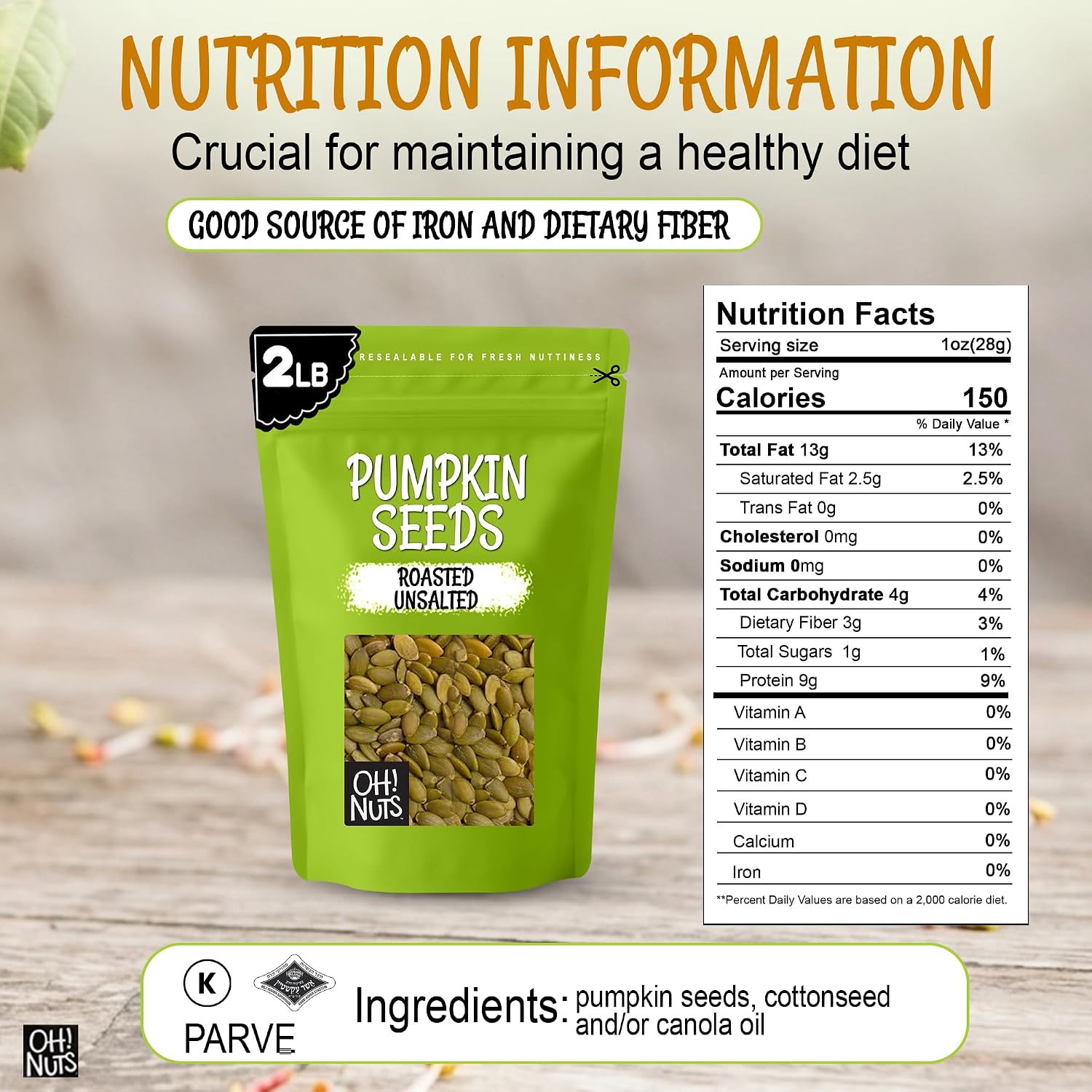 Oh! Nuts Pumpkin Seeds Roasted Unsalted Pepitas No Shell 2 Pound | Roasted unsalted pumpkin seeds no shell - Premium pepitas to eat packed in NY