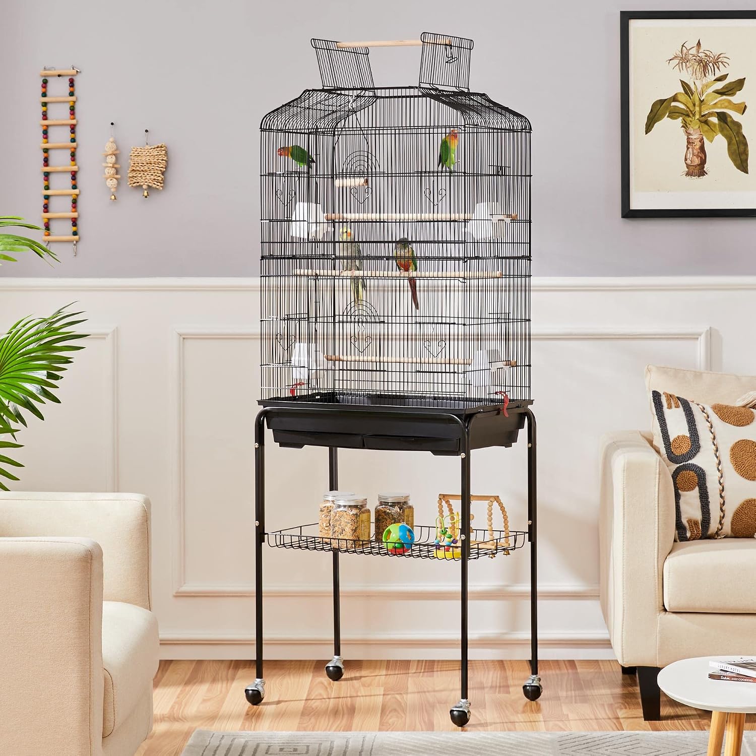 Yaheetech 64'' Open Top Bird Cage for Parakeets & Cockatiels, Black | Detachable Rolling Stand, Easy-clean Slide Tray, Multi-door Access, 3/8" Bar Spacing, Indoor/Outdoor Use