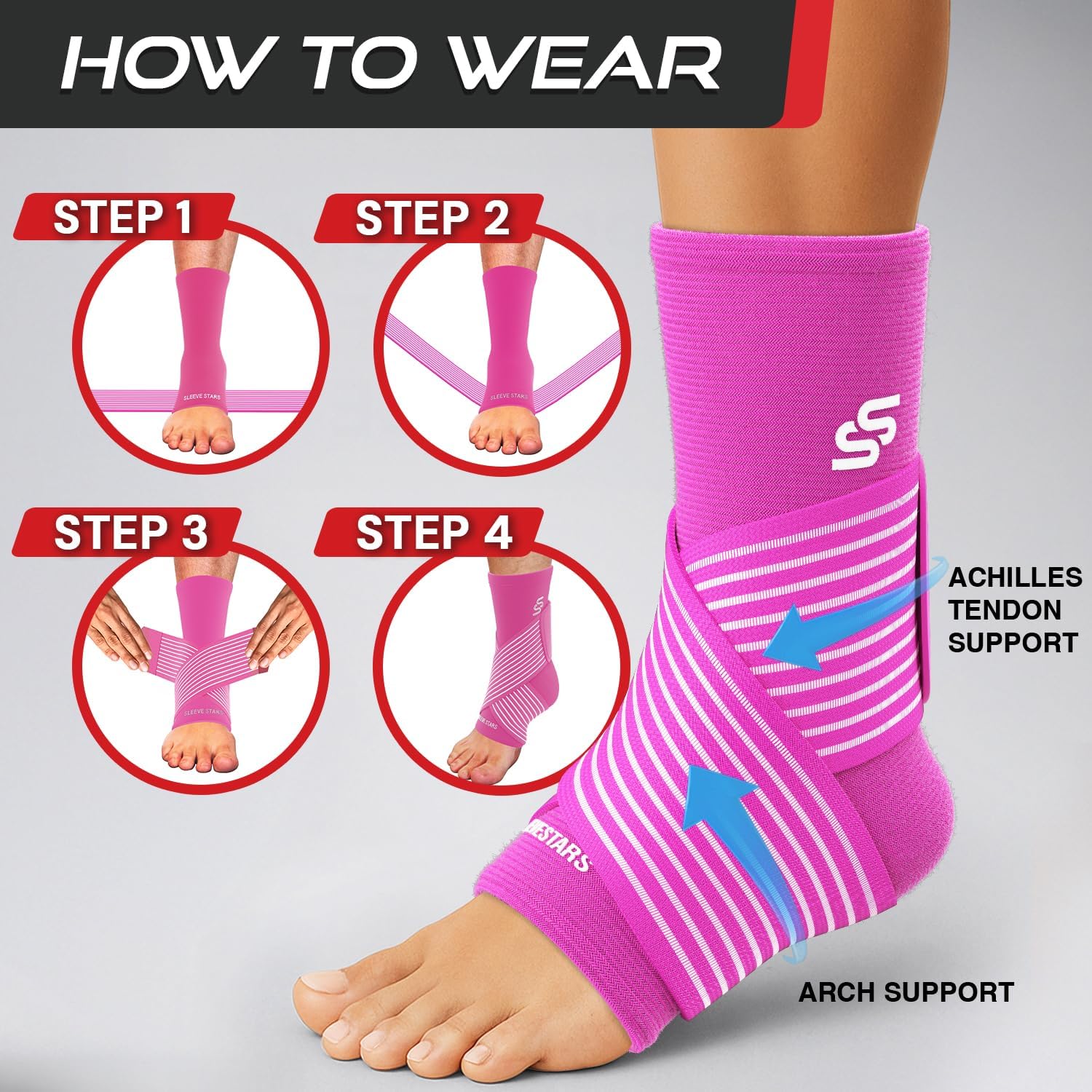 Sleeve Stars Ankle Brace for Women & Men, Ankle Wrap for Sprain, Compression Sleeve for Plantar Fasciitis Relief, Easy Customizable Support: w/ Removable Strap (Single/M:10"-12"/Black)