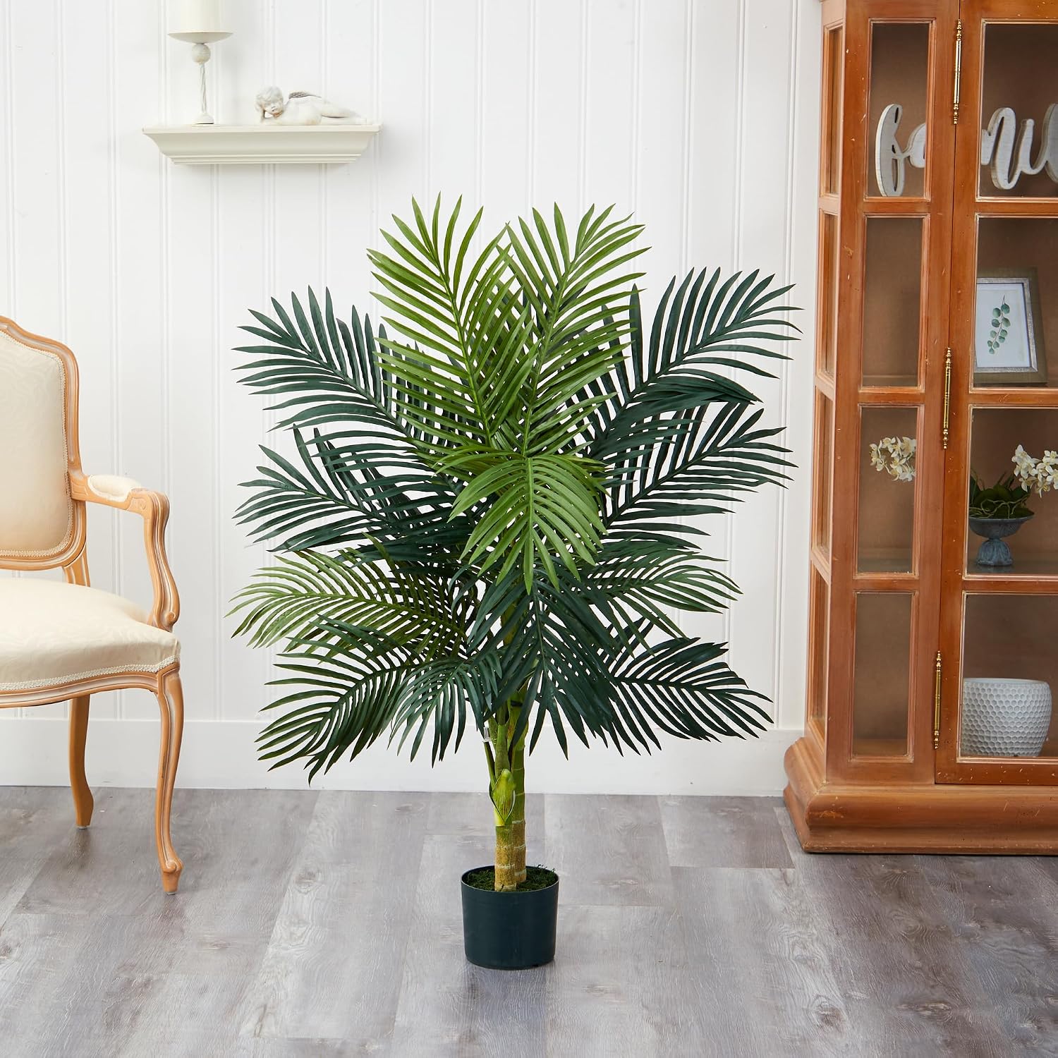 Nearly Natural 4 ft Artificial Golden Cane Palm Tree with Nursery Pot | Double-Stalk, Lush Realistic Foliage, Indoor Faux Palm Plant, Living Room Decor, Perfect Tropical Decoration