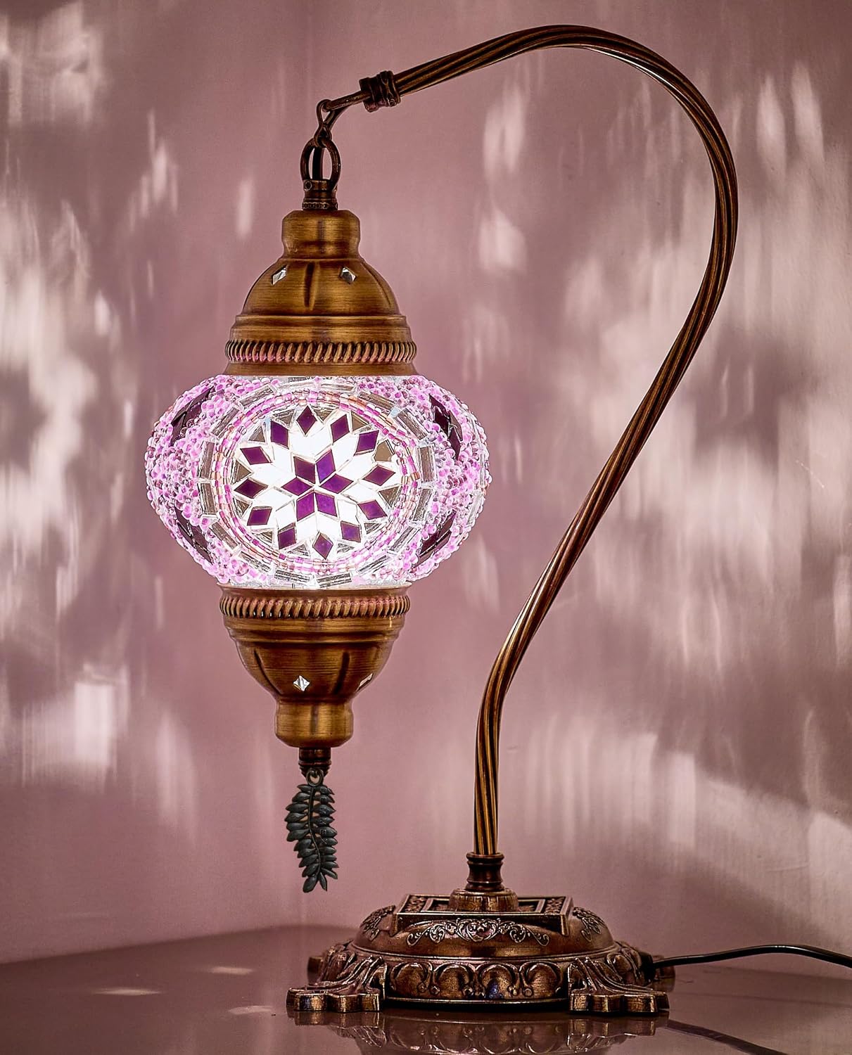 DEMMEX Turkish Table Lamp Moroccan Bedside Light Handmade Tiffany Mosaic Glass Boho Artisan Accent Lighting for Bedroom Living Room, Antique Brass Finish – 15" H, Multicolor