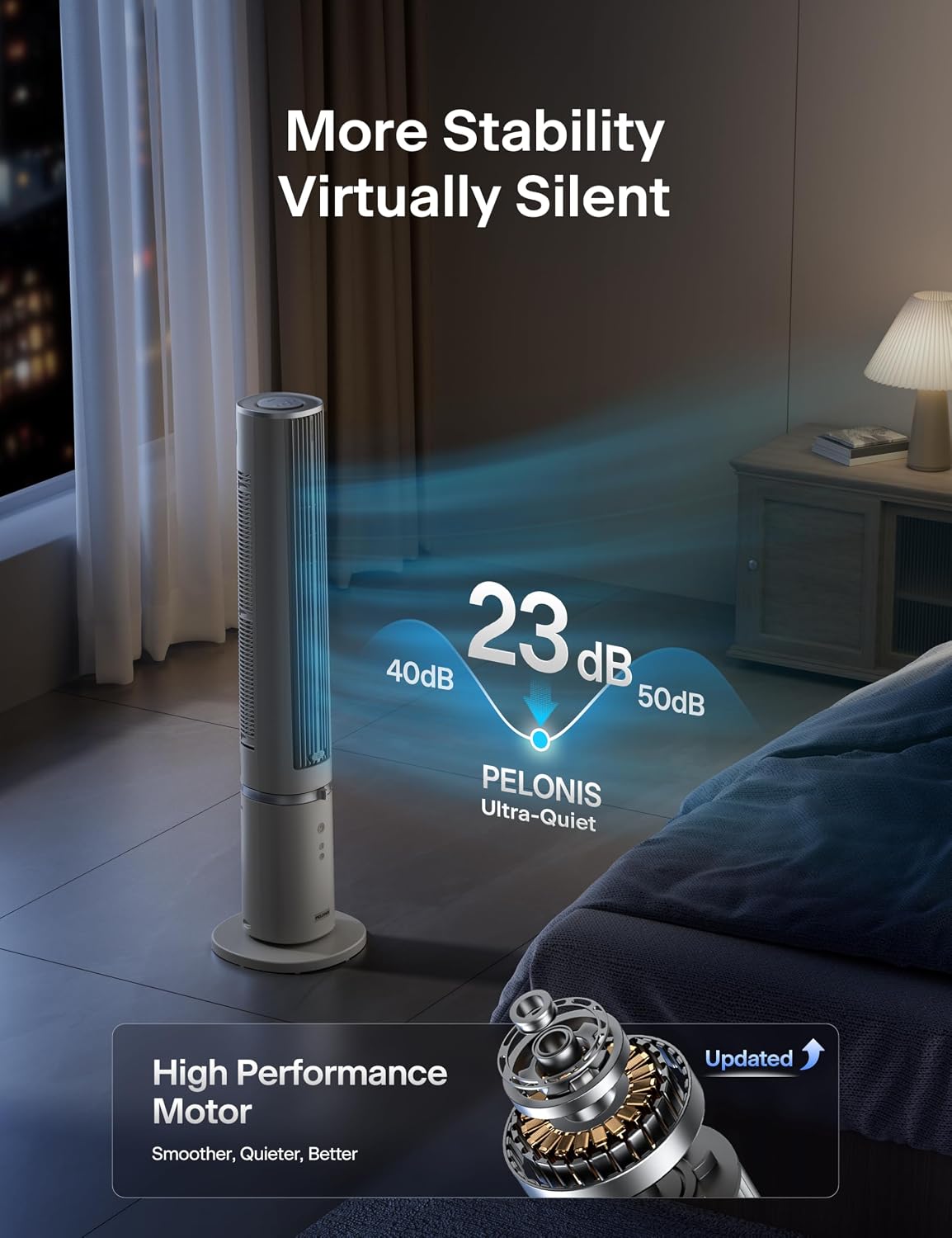 PELONIS 40-inch Bladeless Tower Fan for Bedroom, Standing Fan with Remote Control, 26ft/s, 90° Oscillation, 3 Speed Settings, 27 dB, 3 Modes