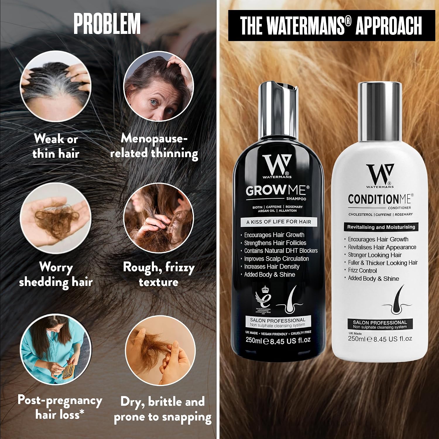 Hair Growth Shampoo & Conditioner by Watermans UK Biotin, Argan Oil, Allantoin, Rosemary, Niacinamide, Lupin. Male & Female Hair Loss Products