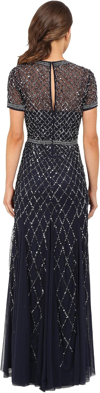 Adrianna Papell Womens Short-Sleeve Grid Beaded Gown