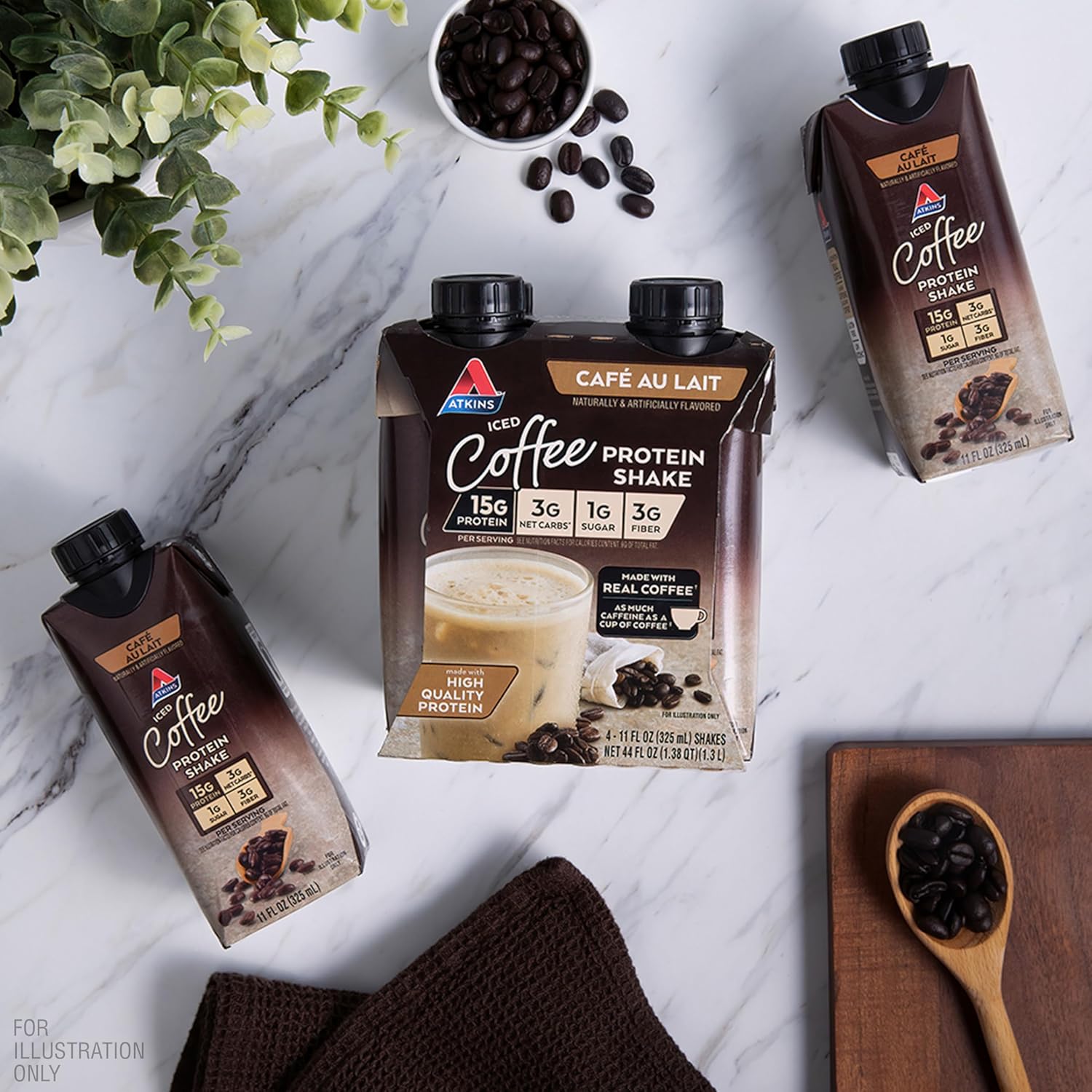 Atkins Café au Lait Iced Coffee Flavored High Protein Shake, Low Sugar and Low Carb, Keto Friendly, Ready to Drink Protein Drink, Gluten Free