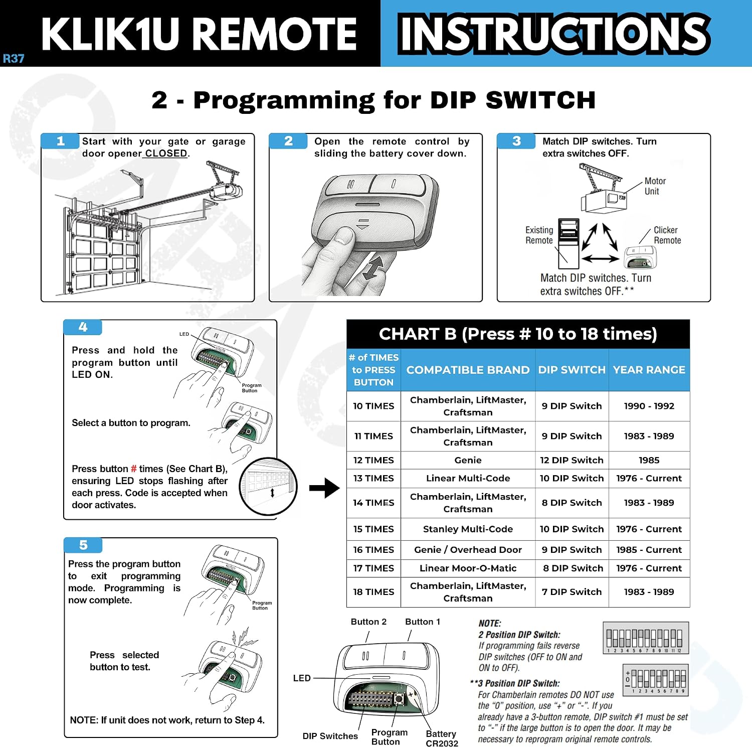 2X Universal Garage Door Opener Remote KLIK1U 375UT 375LM Garage Clicker