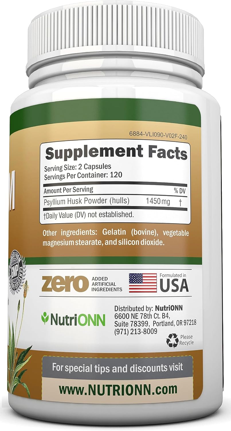 NutriONN Psyllium Husk Capsules - 1450mg - 240 Capsules - Made in USA - Double Strength - Premium Psyllium Fiber Supplement - Great for Digestion