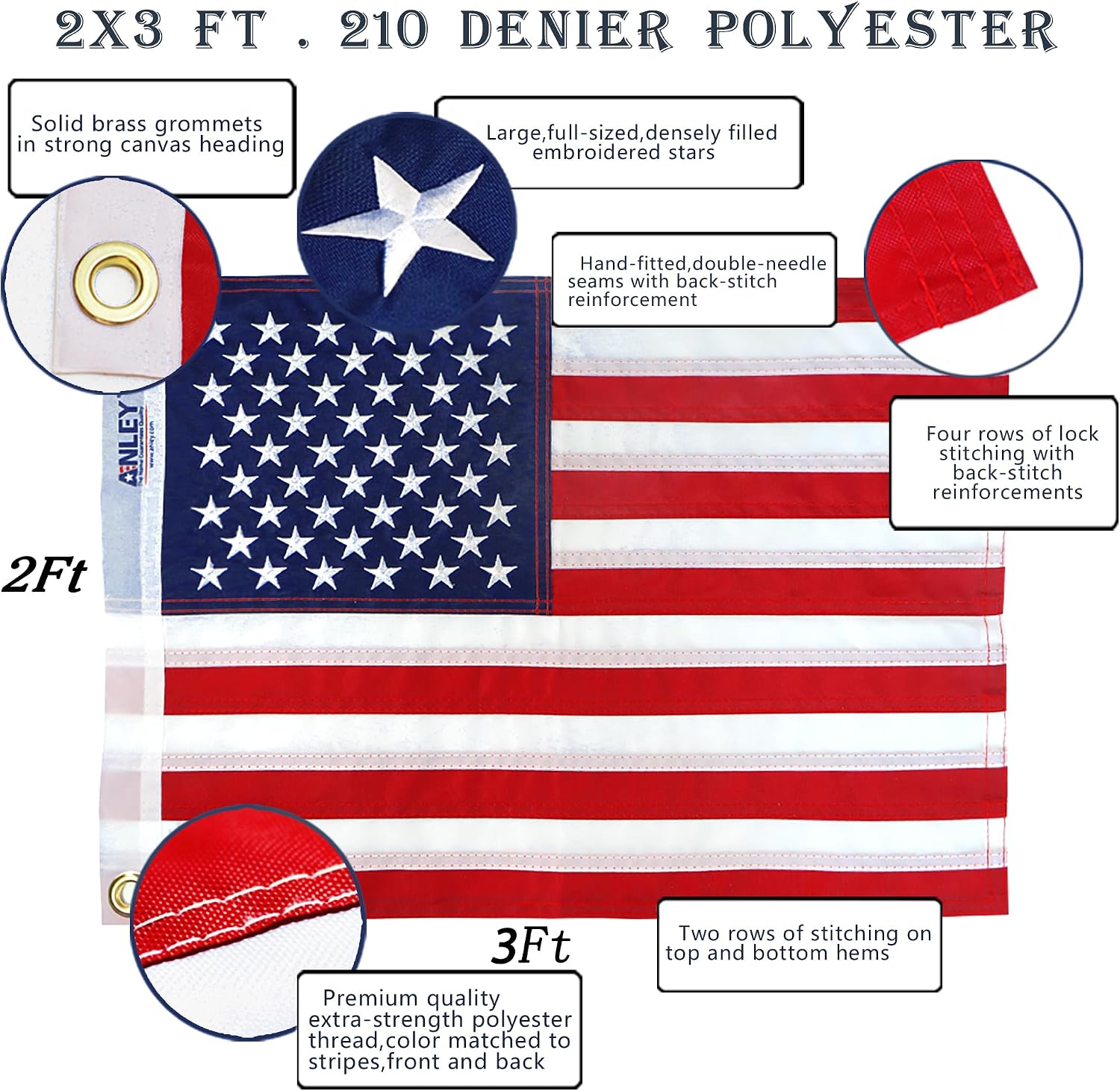 ANLEY EverStrong Series American Flag 6x10 Foot Heavy Duty - Embroidered Stars and Sewn Stripes - 4 Rows of Lock Stitching - US National Banner Flags with Brass Grommets 6 X 10 Ft
