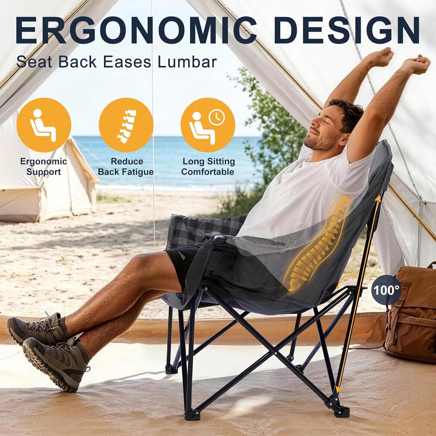 Oversized Camping Chairs for Adult - Heavy Duty Padded Portable Folding Chair XL Collapsible Camp Chair with Cup Holder Side Pocket for Outdoor Lawn Beach Sport Fishing Support 500LBS, Grey