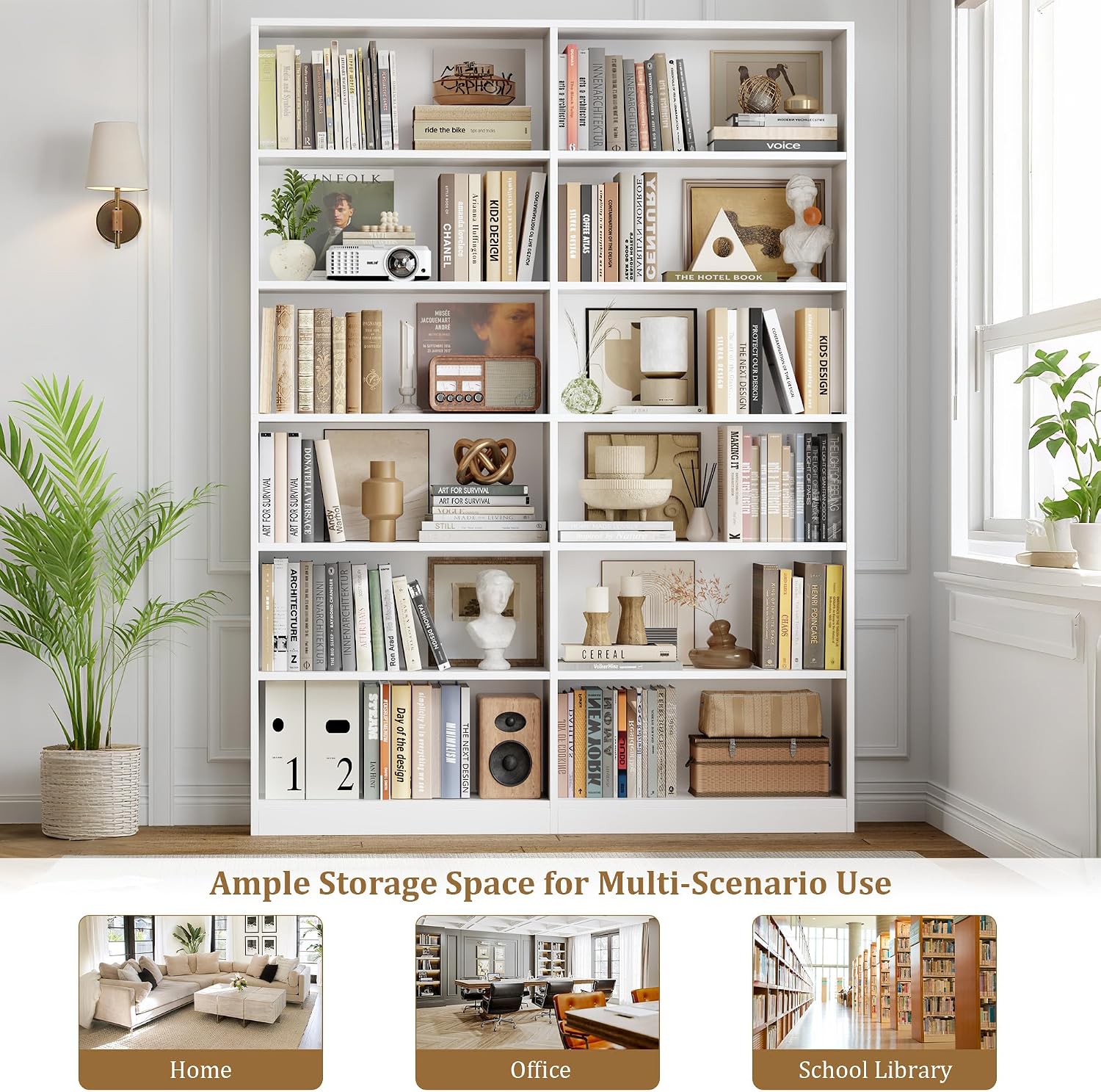 Bookshelf Tall Bookcase, 6-Tier Double Wide Bookshelves, White | Freestanding Display Storage Shelves, Tall and Large Book Shelves for Home Decor Bedroom, Living Room, Home Office, Library