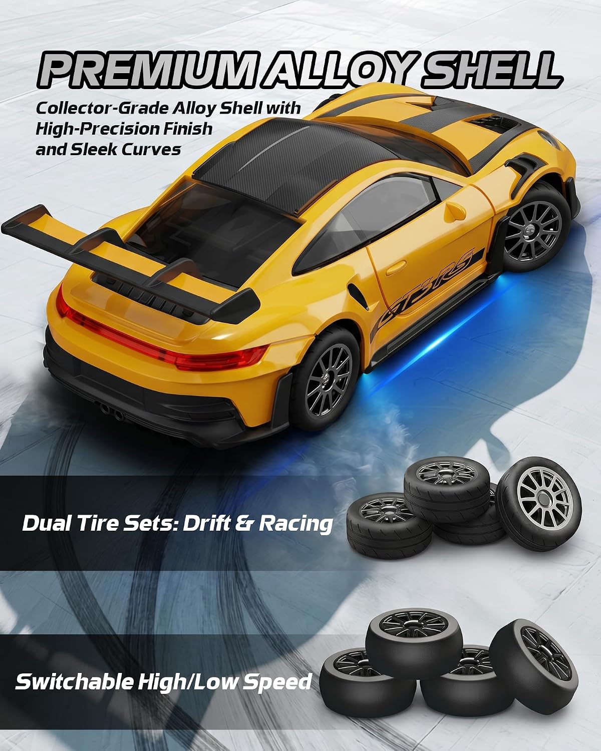 ARRIS 1/43 911 RC Drift Car 4WD with Gyro Full Proportional RTR | Alloy Body, 20KM/H Speed, Extra Drift Tires, Silent Bearings, LED Lighting
