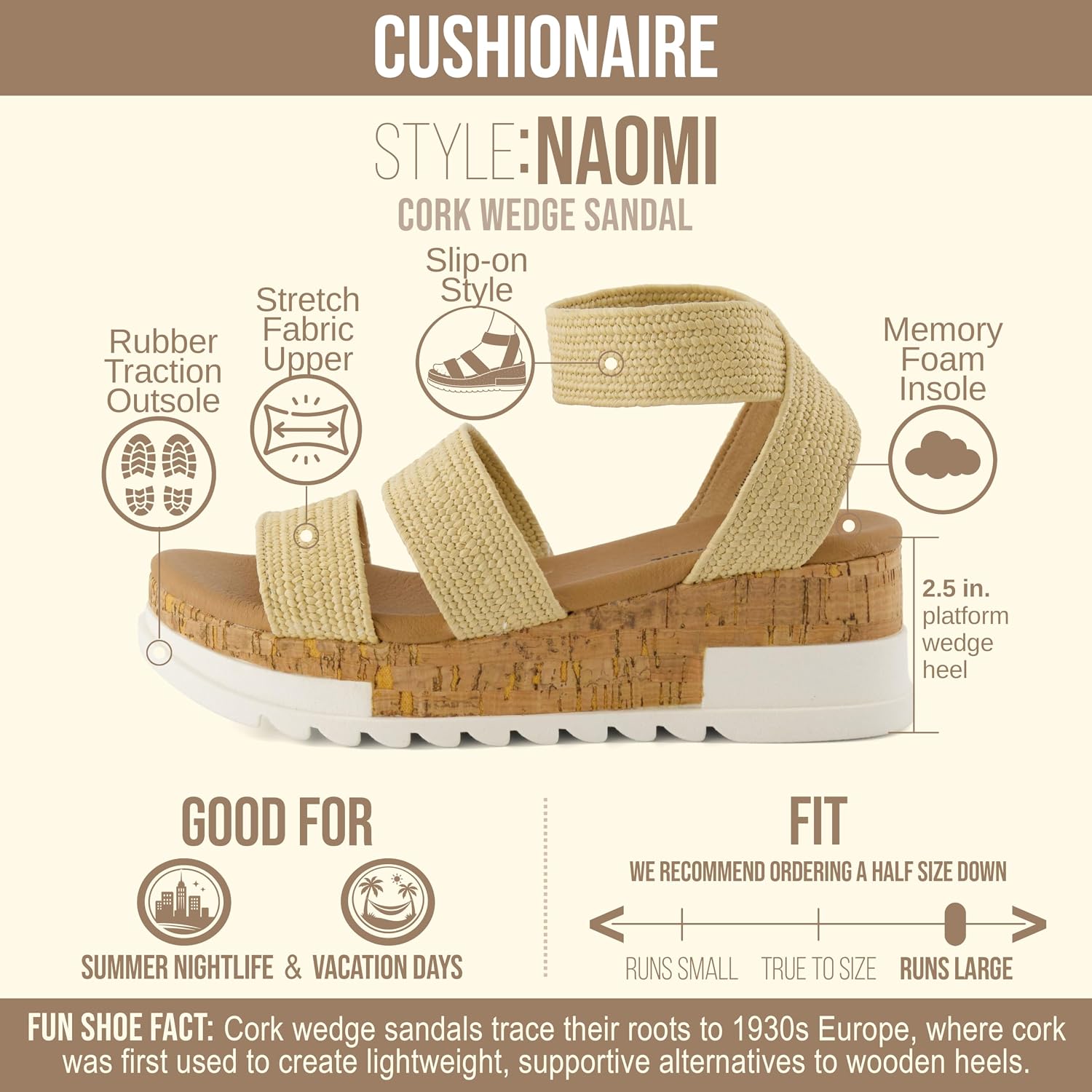 CUSHIONAIRE Naomi Cork Wedge Sandals for Women – Soft Stretch Straps Comfortable Platform Sandals for Women with Memory Foam Insole