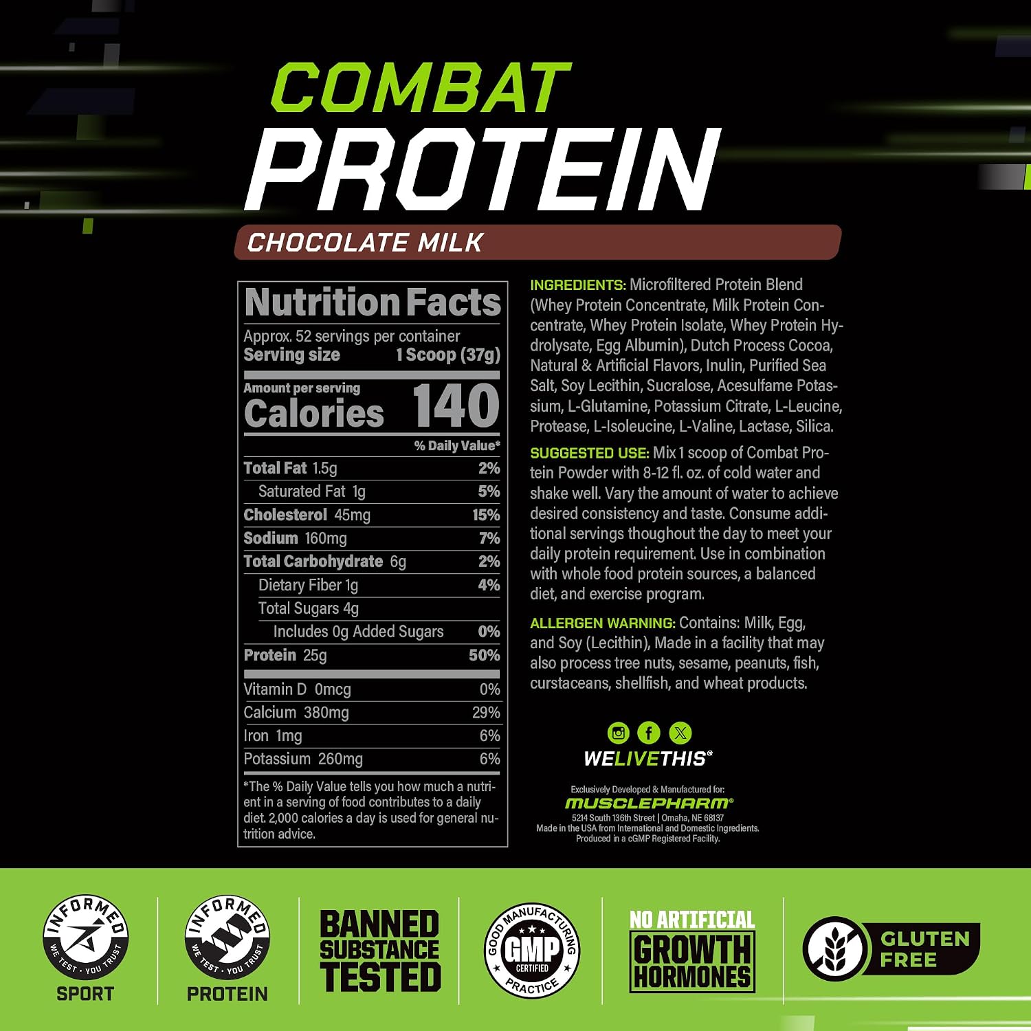 MusclePharm Combat Protein Powder Chocolate Milk - 4.2 lb - 52 Servings | Multi-Source Protein Blend, Chocolate Protein Shake, Lean Muscle Support