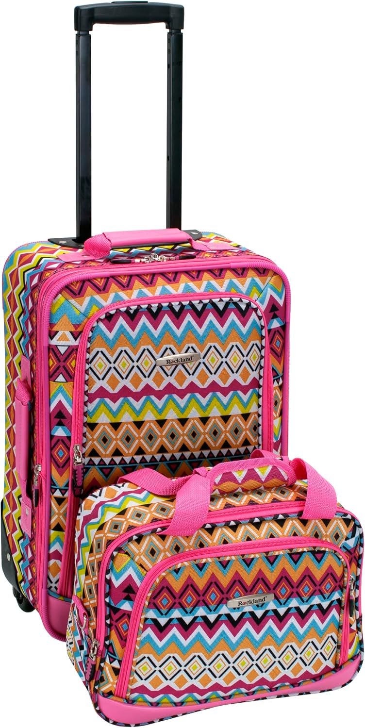 Rockland Fashion Softside Upright Luggage Set,Expandable, Telescopic Handle, Wheel, Black Dot, 2-Piece (14/19)