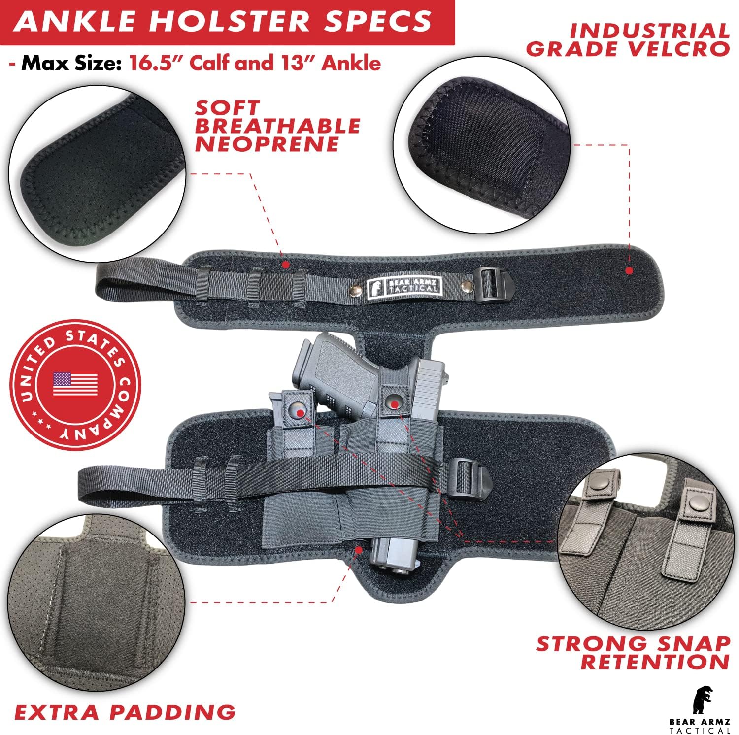 Ankle Holster for Concealed Carry | American Company | B.U.G Leg Holster | Compatible with Glock 43, 42, 33, 30, 27, 26 S&W M&P Shield 9mm