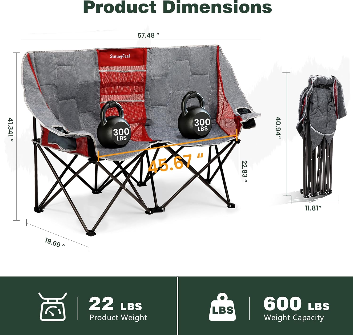 SUNNYFEEL Folding Double Camping Chair Oversized Loveseat for Adults