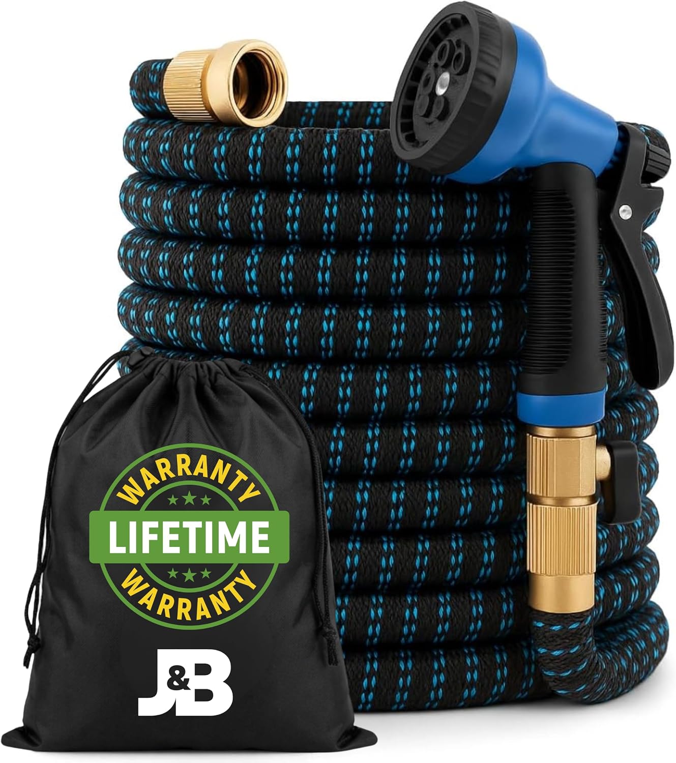 J&B XpandaHose 75ft Expandable Garden Hose, Lightweight, Brass Connectors | Ultra Strong 3750D fabric, 4-layer latex core, expands 3X, kink & leak-resistant, 10-pattern nozzle, storage bag