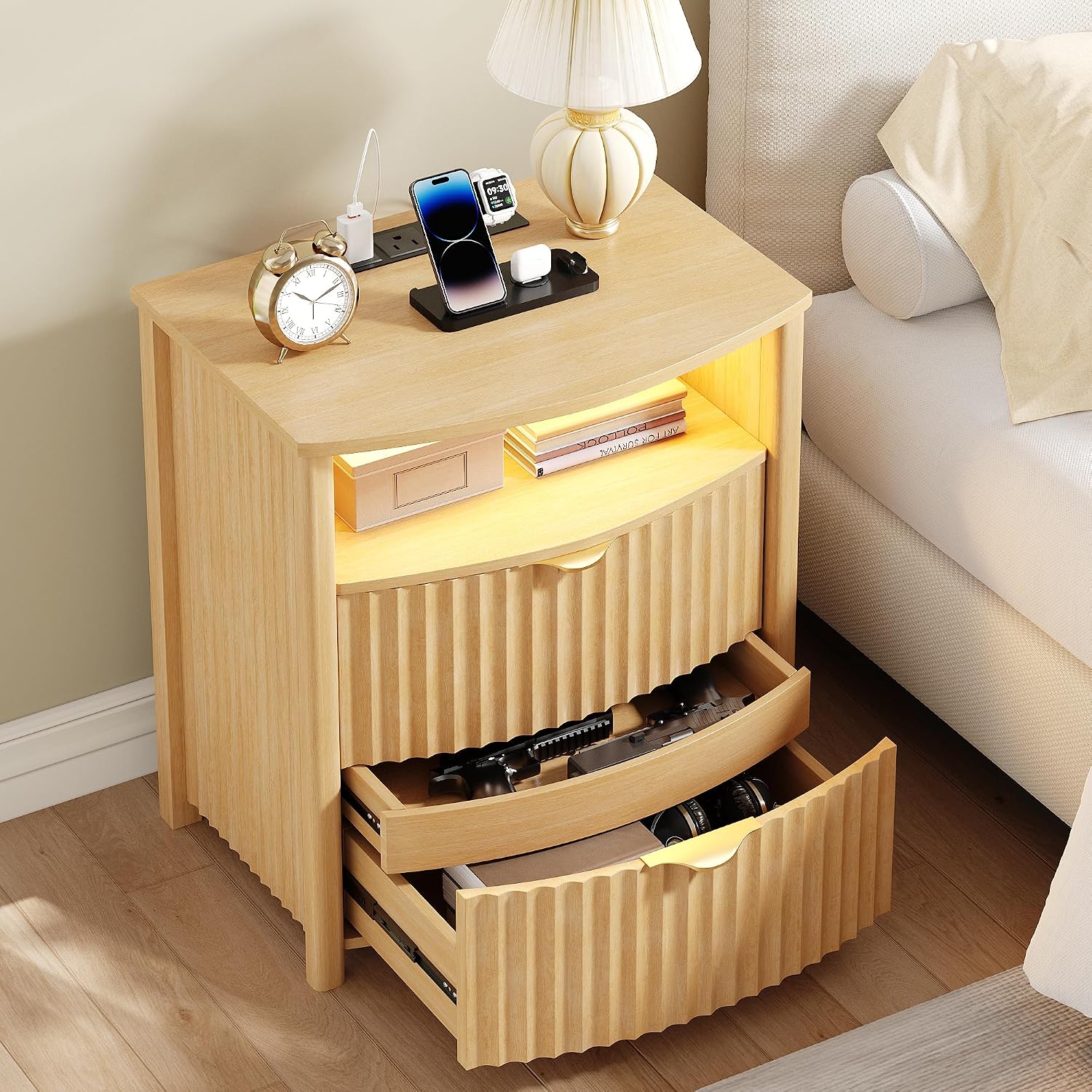 Dystler Fluted LED Night Stand with Hidden Gun Drawer & Charging | 19.7" W Curved Smart Bedside Table, 3-Color LED lights, 2 Drawers, Nightstand with Card-Lock, End Table for Bedroom, Walnut