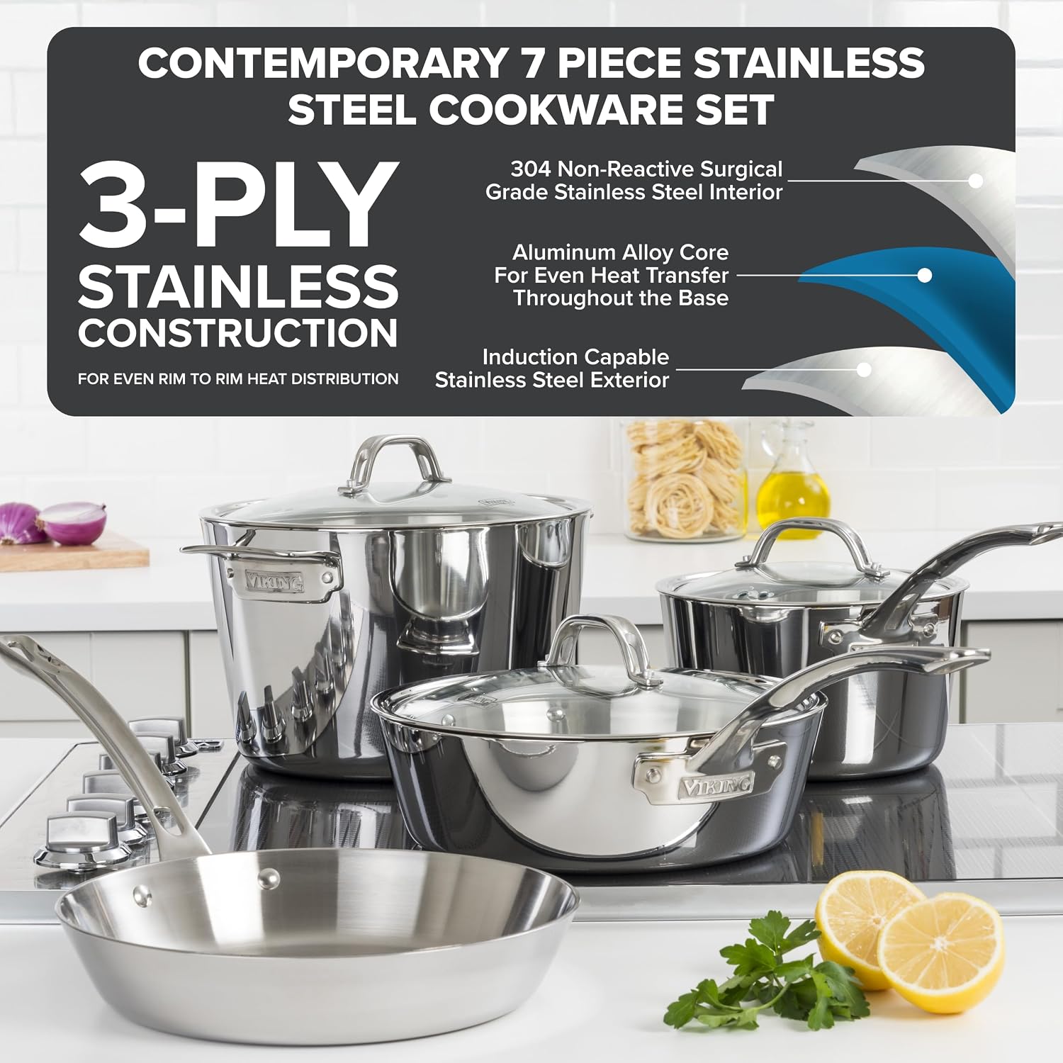 Viking Contemporary 3-Ply Pots and Pans Set, 10 Piece Stainless Steel Kitchen Cookware, Silver