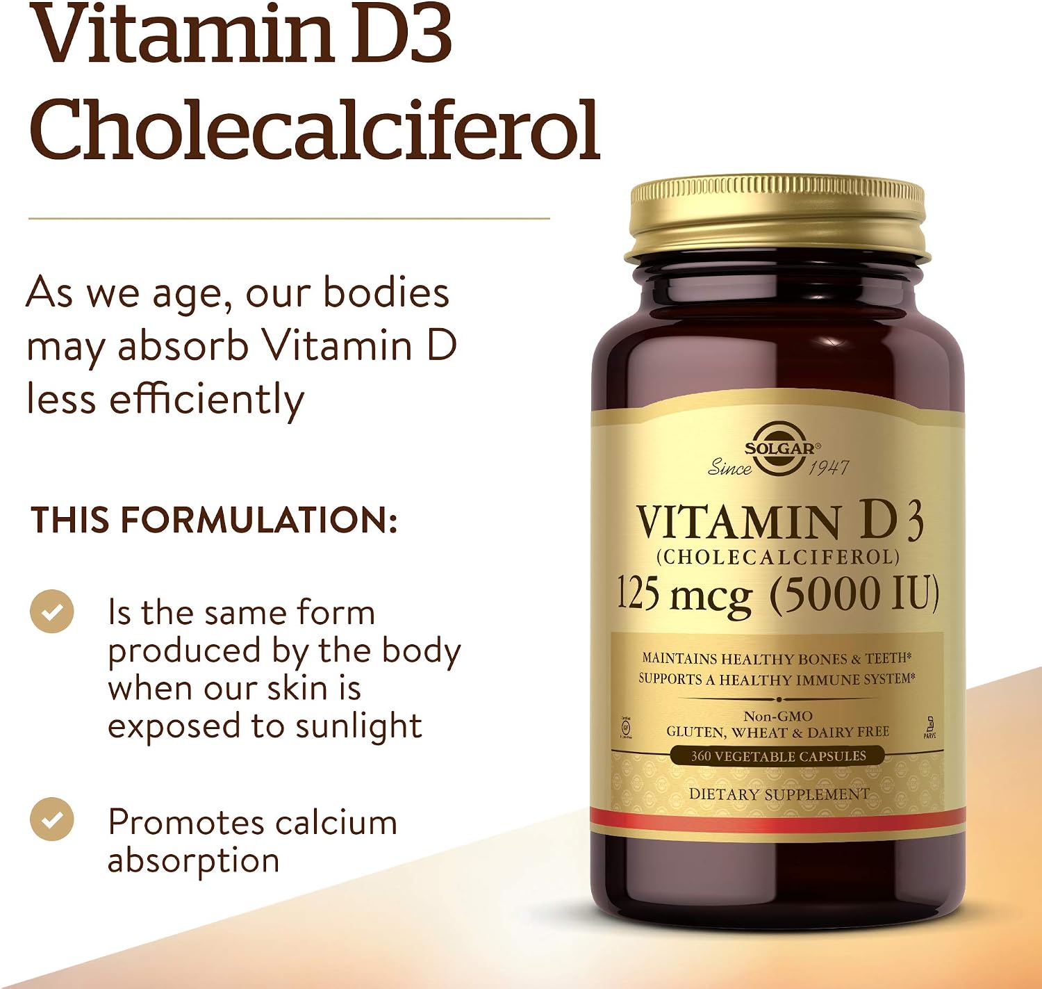 Solgar Vitamin D3 (Cholecalciferol) 125 Mcg (5000 IU), 120 Vegetable Capsules - Helps Maintain Healthy Bones & Teeth - Immune System Support - Non-GMO, Gluten Free, Dairy Free, Kosher - 120 Servings | Helps Maintain Healthy Bones & Teeth, Immune System S…
