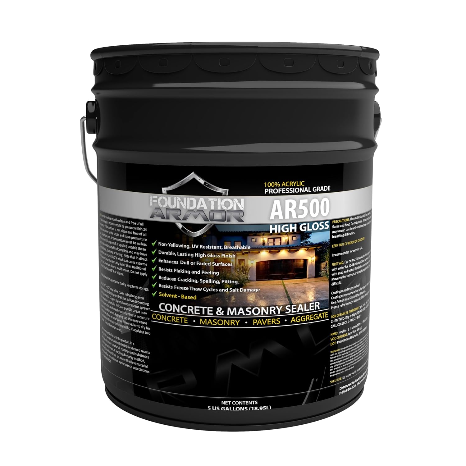 Armor AR500 High Gloss Wet Look Concrete Sealer 5 Gallon - Professional Grade Color Enhancing Solvent Based Acrylic Sealer for Exterior Concrete and Pavers - 700 VOC