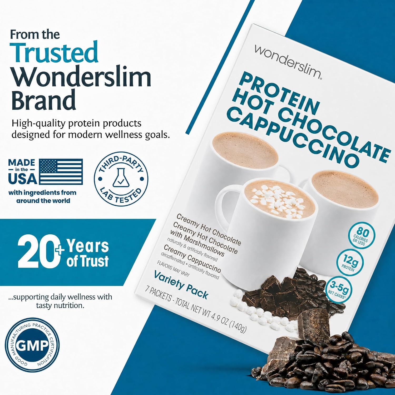 Wonderslim Protein Coffee Drink Mix with Casein Protein – 7 ct (Cappuccino) | With Collagen, 12g Protein, 70 Calories, Low Sugar, 3g Net Carbs, Keto Friendly, Gluten Free, GLP-1 Friendly Coffee Drink Mix