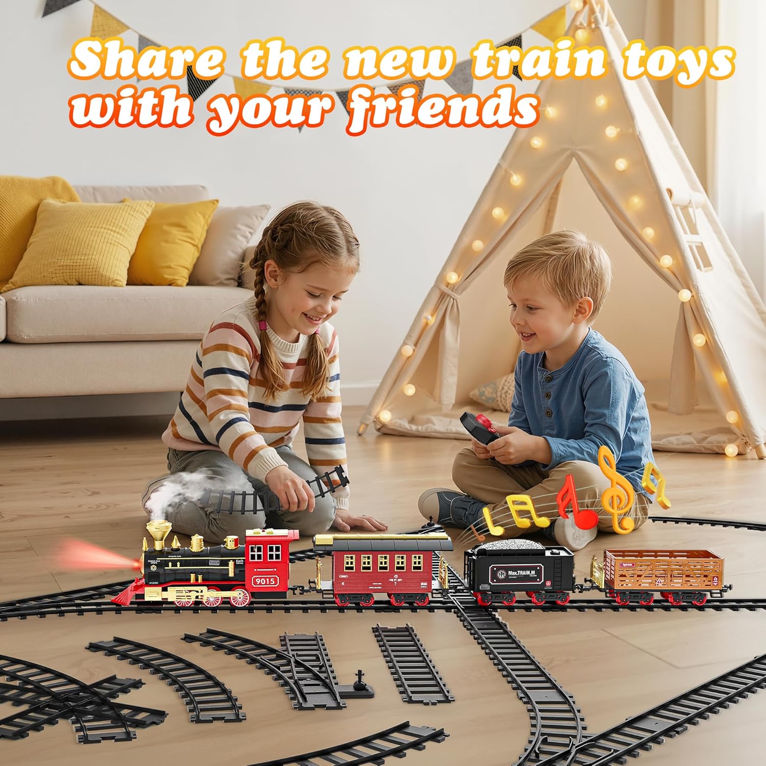 Hot Bee Train Set, Train Toys with Smoke, Lights, Sound and Train Tracks