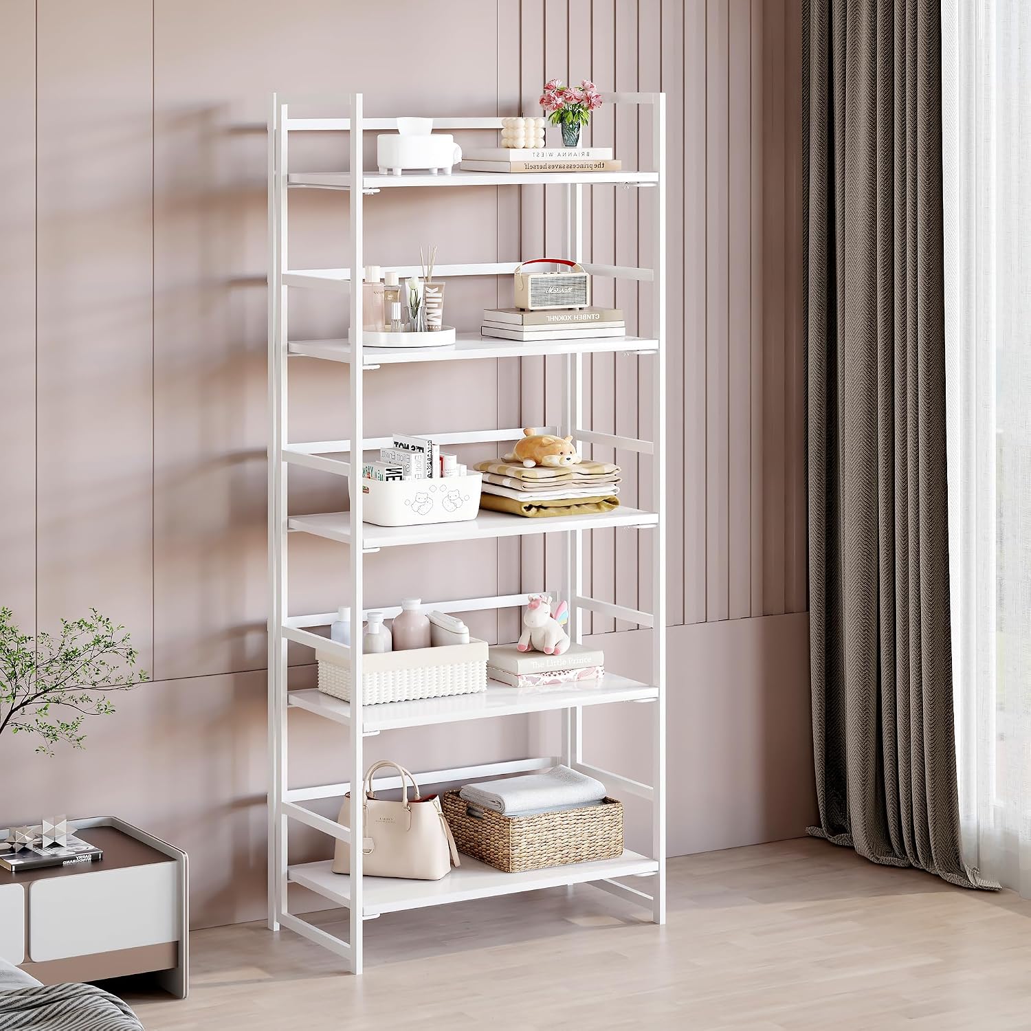 Vintage Multifunctional Folding Bookshelf, No-Assembly Plant Stand Storage Rack Shelves for Home Office (Fire, 5-Tier)