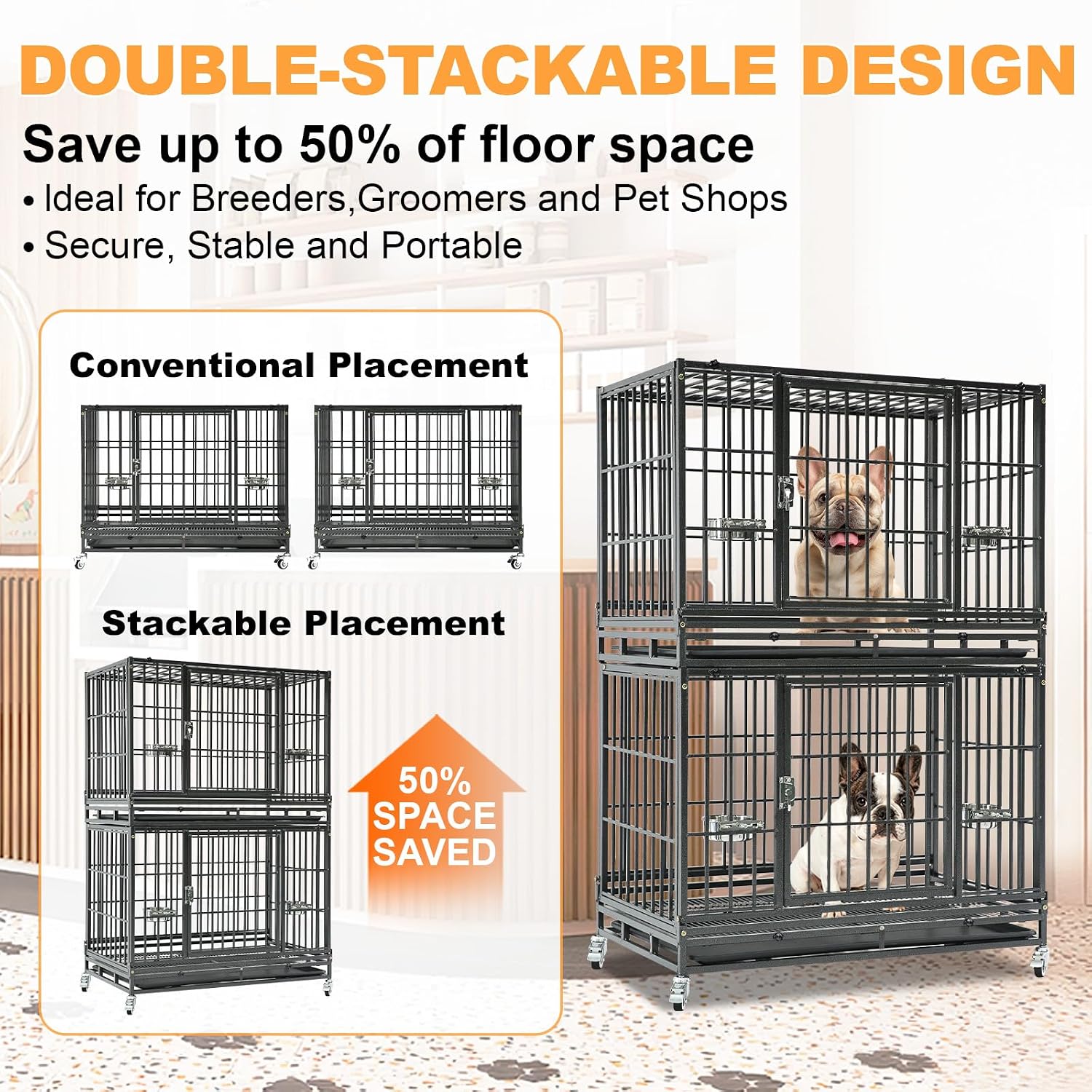 Homey Pet Three Tiers 43 inch Heavy Duty Dog Crate with Wheels, Dual Doors | Stackable Indestructible Steel Dog Cage Kennel Indoor with Divider, Trays, Bowls, Escape Proof Locks for Breeders and More