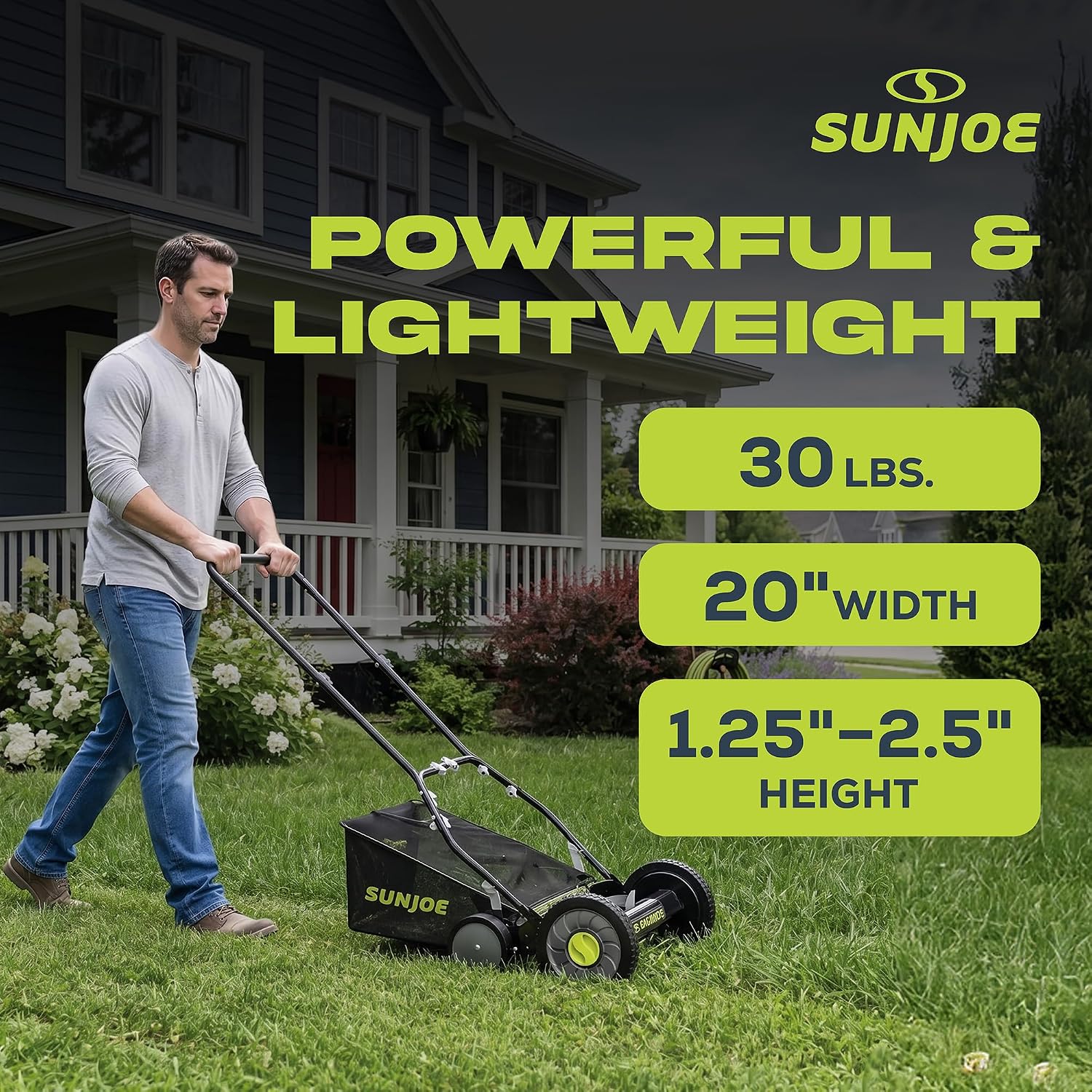 Sun Joe Manual Push Reel Lawn Mower with 6.6-Gal Grass Catcher, 16-Inch Cutting Width - Heavy-Duty Yard Trimmer Machine for Gardening Care and Maintenance, MJ500M