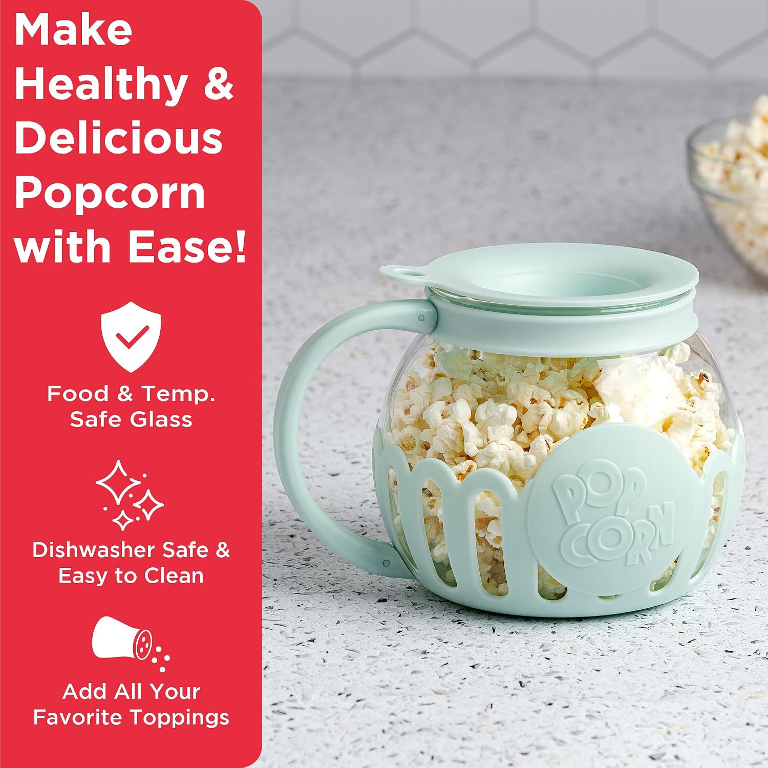 Ecolution Patented Micro-Pop Microwave Popcorn Popper with Temperature Safe Glass, 3-in-1 Lid Measures Kernels and Melts Butter, Made Without BPA, Dishwasher Safe, 3-Quart, Red