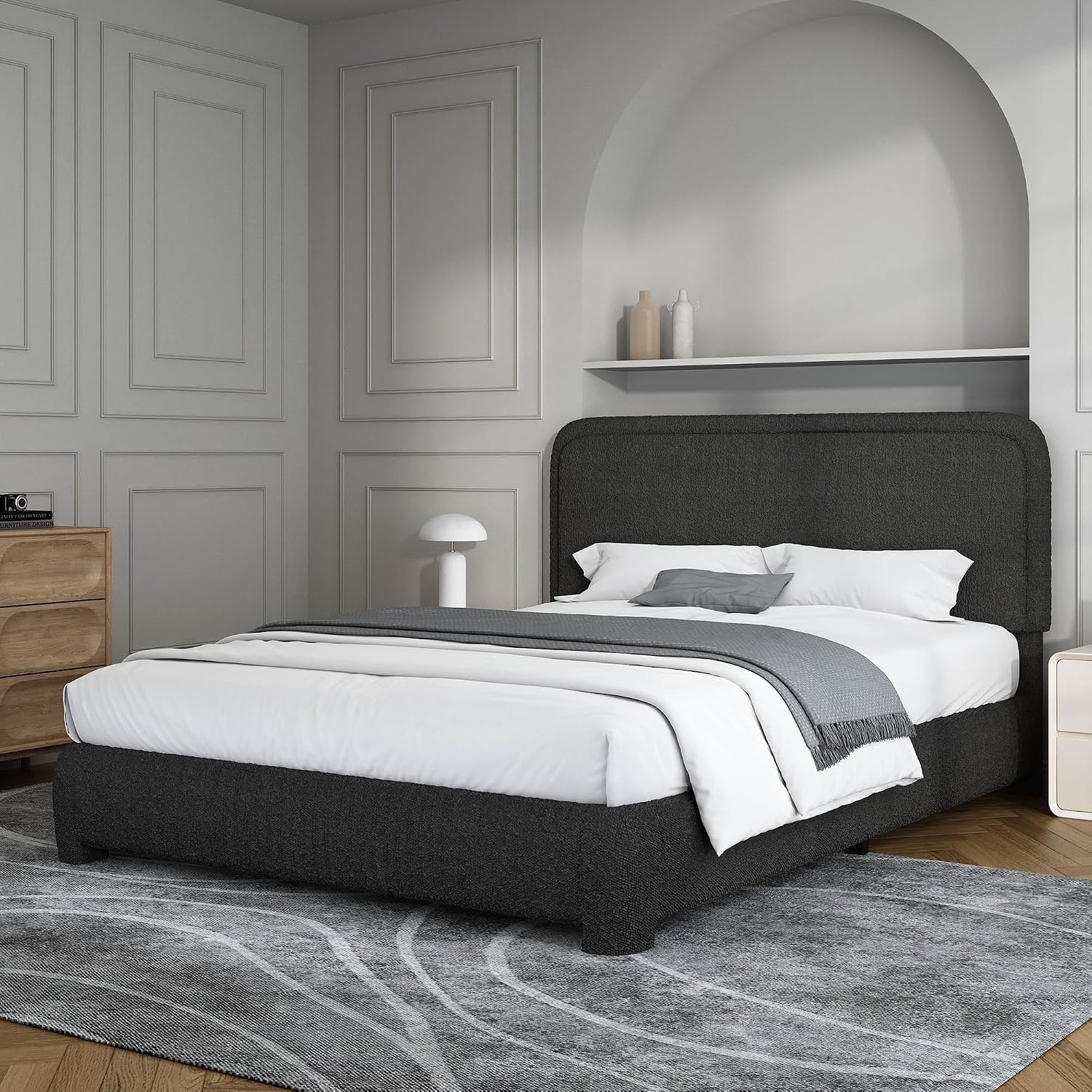 BarnFurin Full Bed Frame, Cloud Boucle Headboard, Rounded Corners, White | Soft boucle and rounded edges create a low-profile cloud look. Wooden slats support the mattress without a box spring