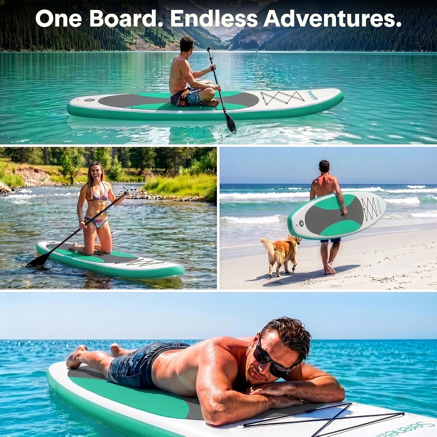 SereneLife 10’ Inflatable Stand Up Paddle Board with Premium SUP Accessories - Wide Stable Design with Non-Slip EVA Deck Pad, for Youth and Adults, 350 lbs. Capacity