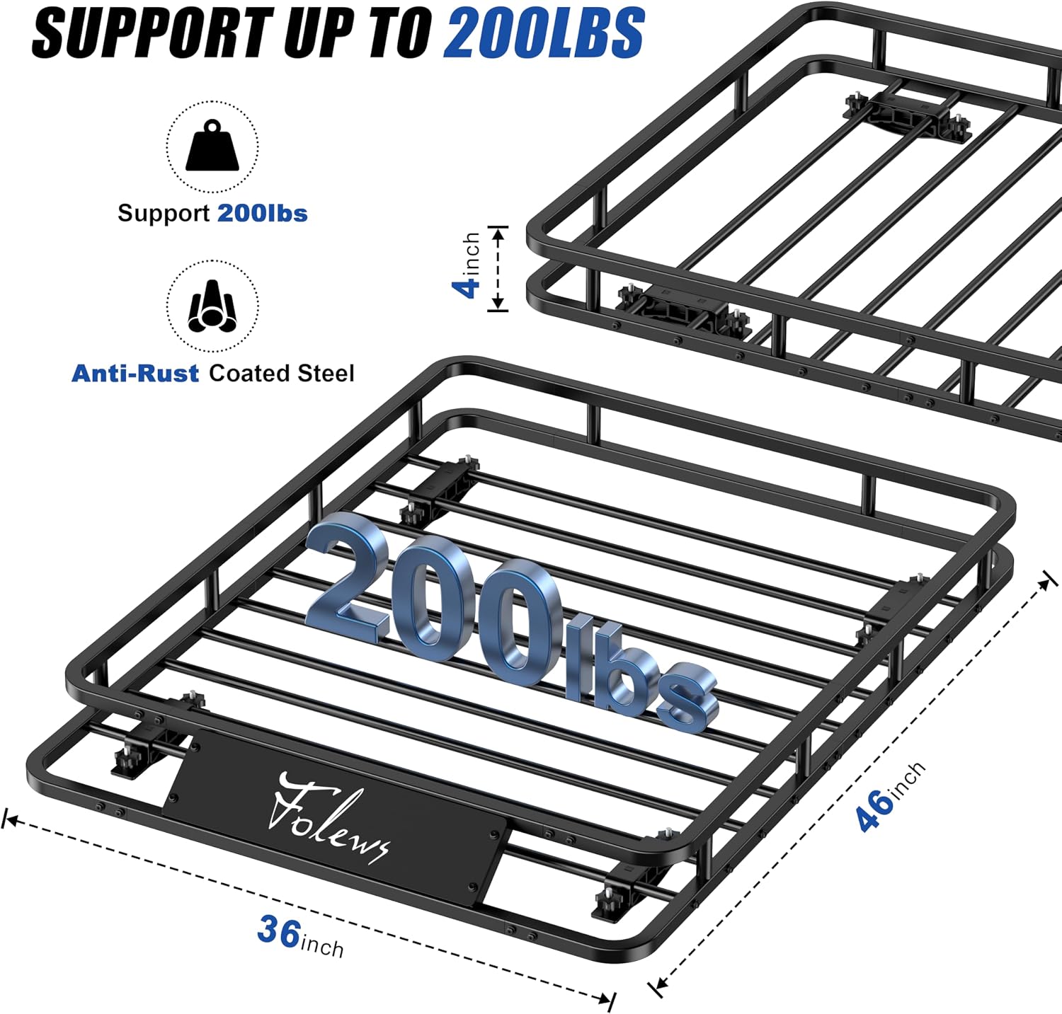 Folews Car Roof Basket 51 x 36 x 6 Inch, Heavy Duty 250LB Cargo Carrier | Roof Rack Basket, Universal Fit, Rooftop Cargo Rack Basket Steel Luggage Holder for SUV, Truck & Pickup