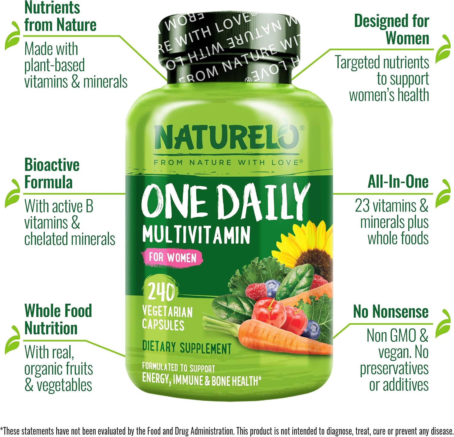 NATURELO One Daily Multivitamin for Women w/Vitamin B12, 60 Ct, Energy Support, Whole Food Daily Women Multivitamin Supplement, Nourish Hair/Skin/Nail, Non-GMO, No Soy, Gluten Free, 2 Month Supply | Energy Support, Whole Food Daily Women Multivitamin Sup…