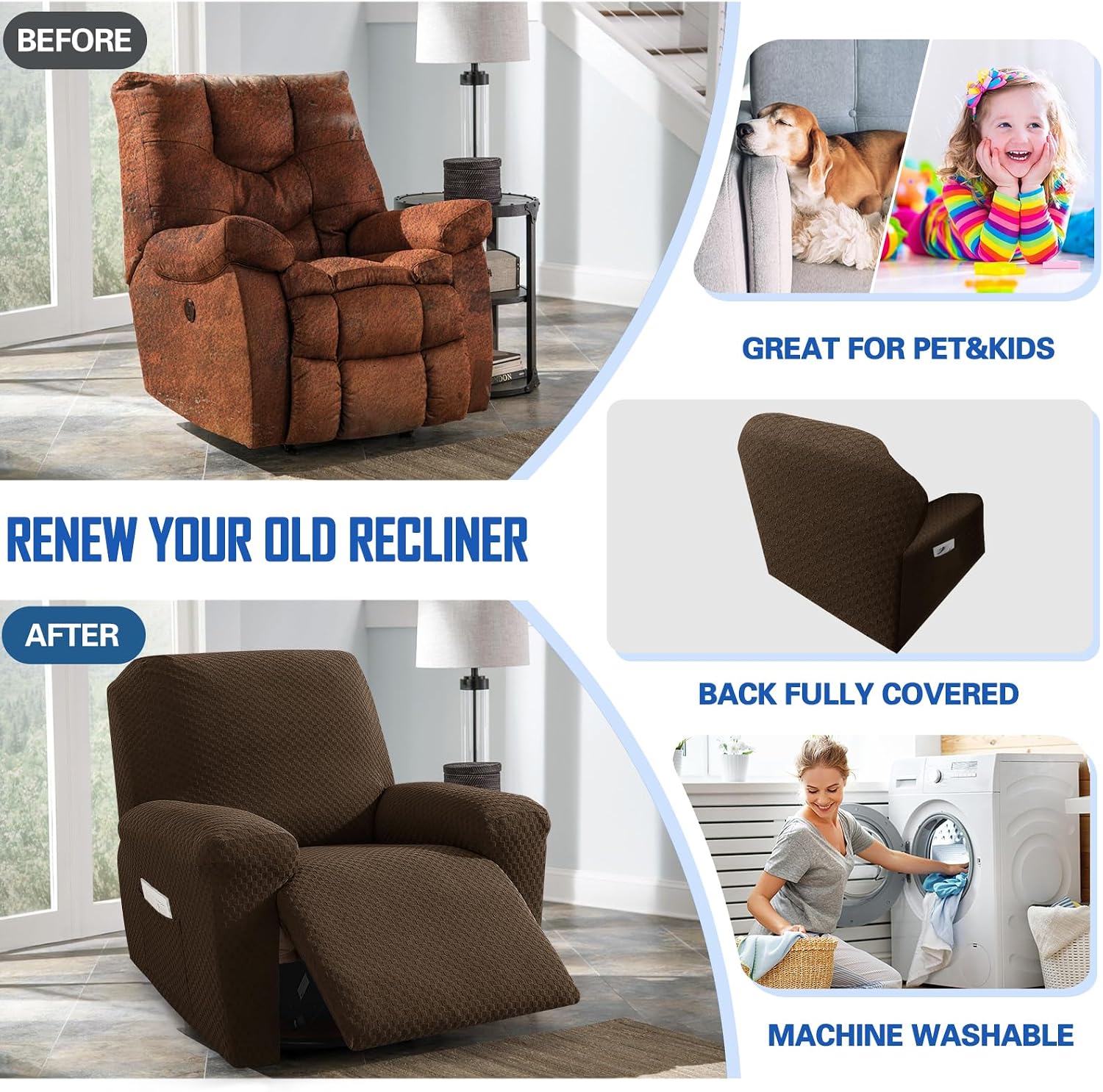 MAXIJIN Latest Recliner Slipcovers for Living Room 4 Pieces Stretch Jacquard Recliner Chair Cover Soft Fitted Recliner Protector with Elastic Bottom