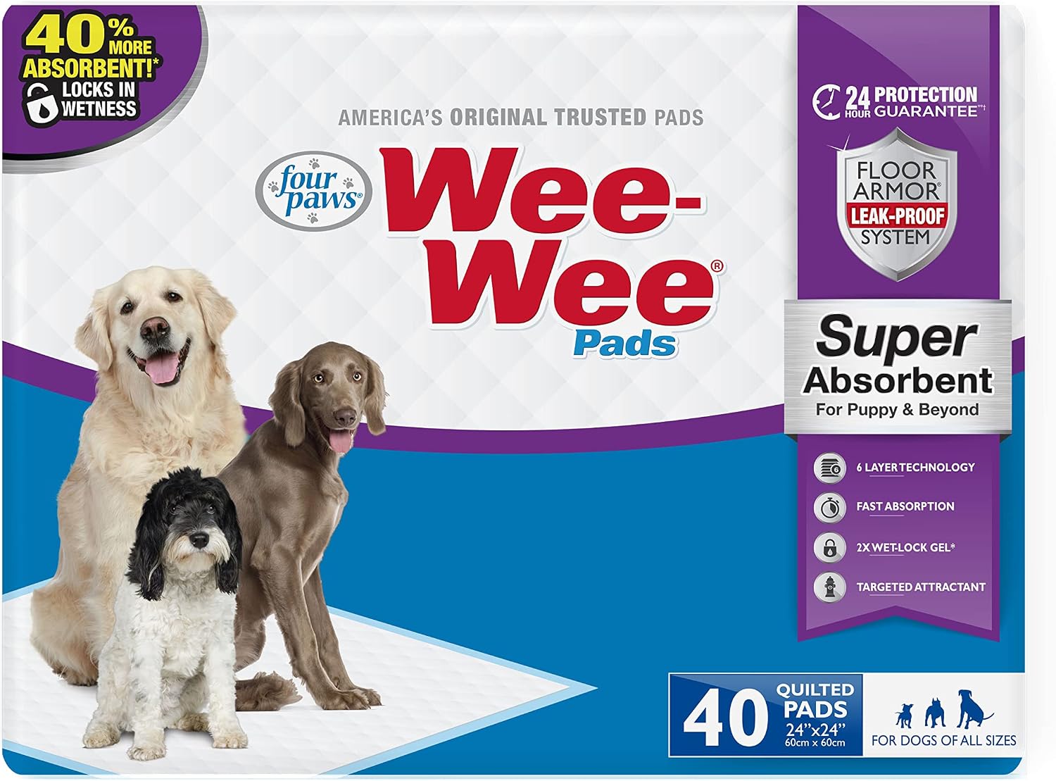 Four Paws Wee-Wee Super Absorbent Pads for Dogs, 22 Count | Leak-proof puppy pads, locks in wetness, dog housebreaking & potty training, all day floor protection, 24" x 24"