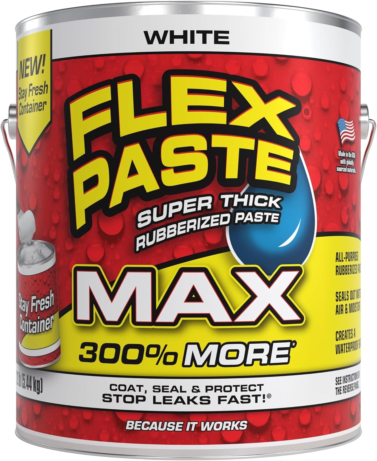 Flex Paste MAX, 12 lb Can, White, Waterproof Paintable Putty, Spackle Sealant, Fill Gaps Cracks Holes - Block Out Water and Air - UV Resistant - Walls