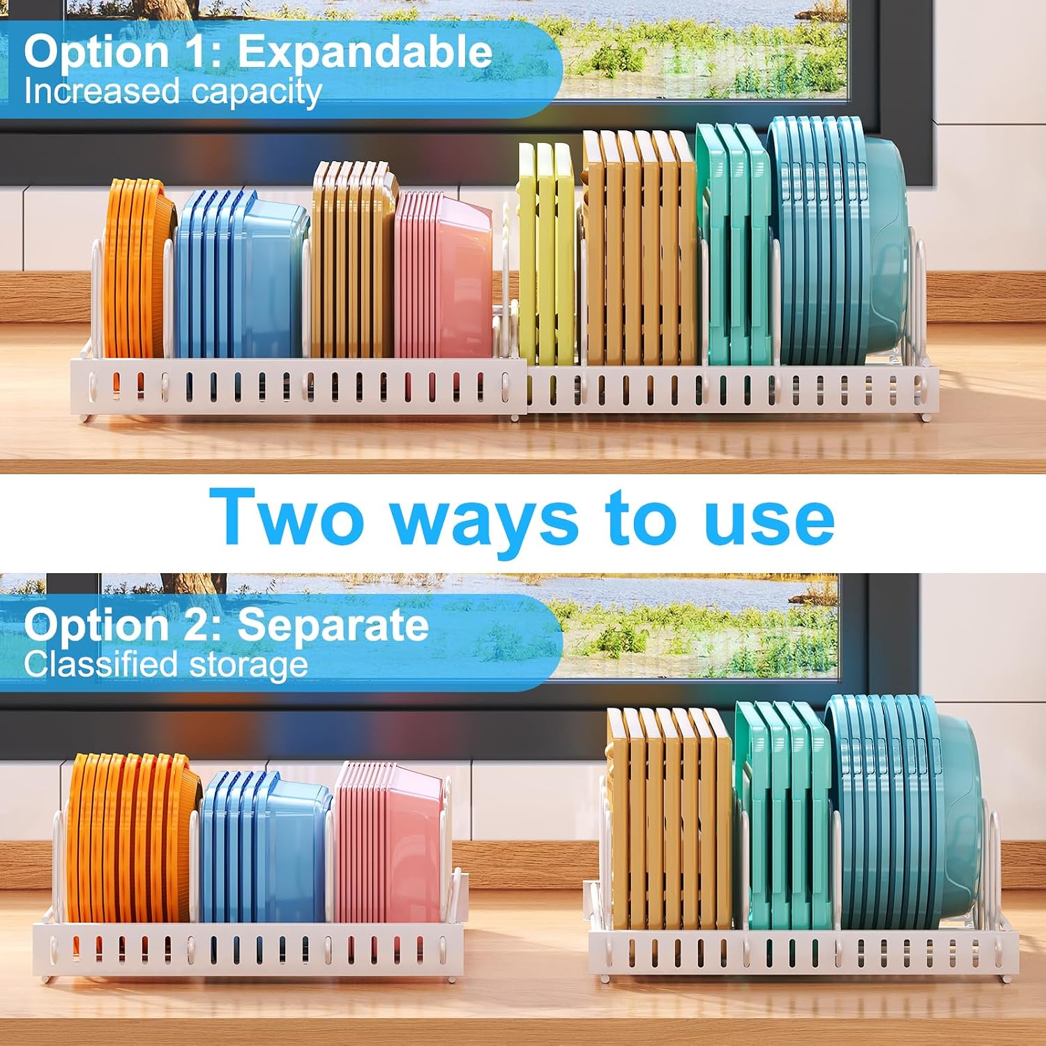 X-cosrack Expandable Food Container Lid Organizer, Large Capacity Adjustable 10 Dividers Detachable Lid Organizer Rack for Cabinets, Cupboards