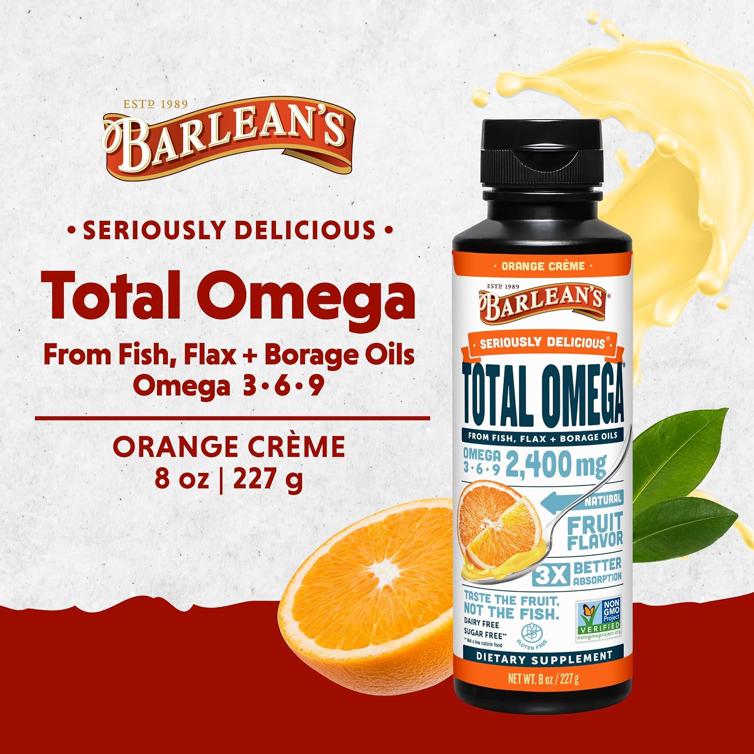 Barlean's Total Omega 3 6 9 Orange Crème Liquid Fish Oil Supplement with Borage and Flaxseed Oil, 2,400 mg of Omegas EPA and DHA Plus GLA for Joint and Heart Health, 8 oz | Fish, borage & flax oils, EPA DHA ALA GLA omegas, Burpless, Non-GMO, Gluten-free,…