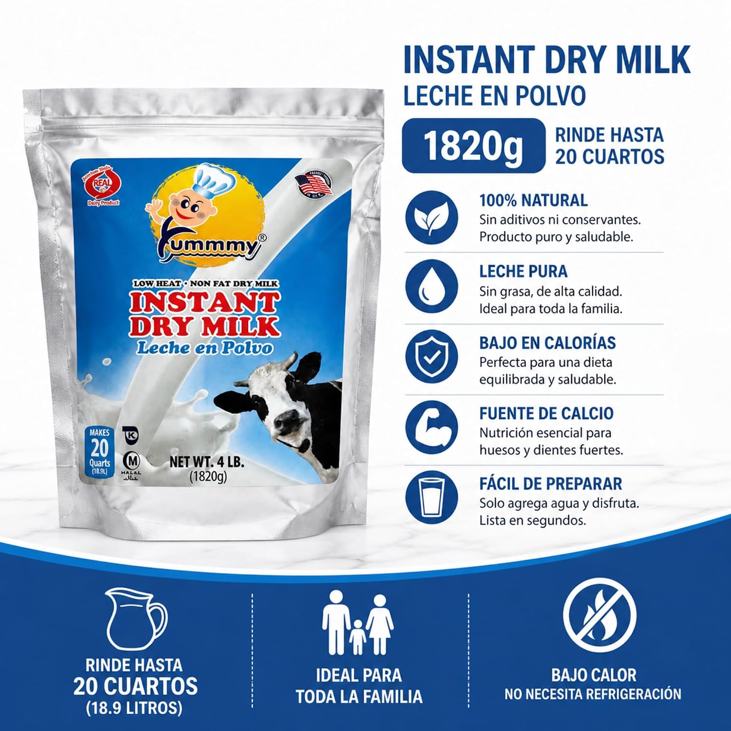 Yummmy 64 oz, Instant Nonfat Skimmed Powdered Dry Milk - Leche en polvo, 64 Oz, Grade A, Kosher Halal Certified, Made in USA