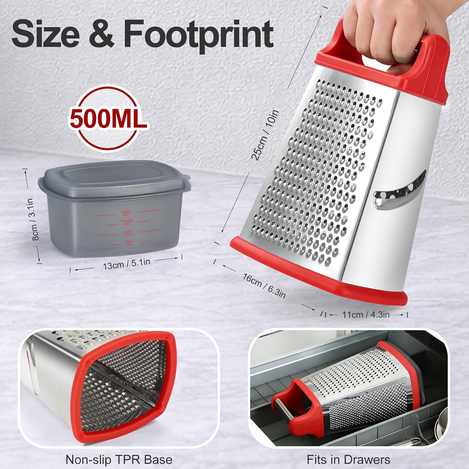 Ourokhome Cheese Grater with Handle, Stainless Steel Box Grater, 4 Side Kitchen Vegetable Shredder Slicer Zester with Container for Parmesan, Cabbage