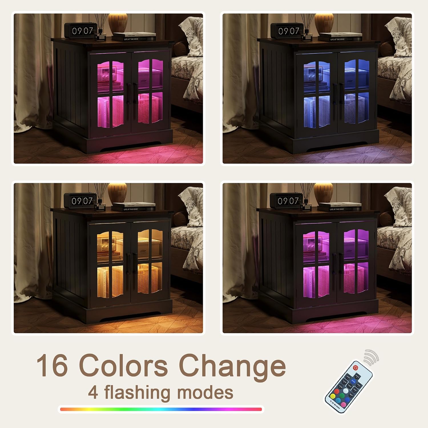 ChooChoo Farmhouse End Table with Charging Station & LED Light | Large Sofa Side Table, Rustic Square Nightstand, Glass Barn Door, Bedside Table, Storage, Living Room, Black