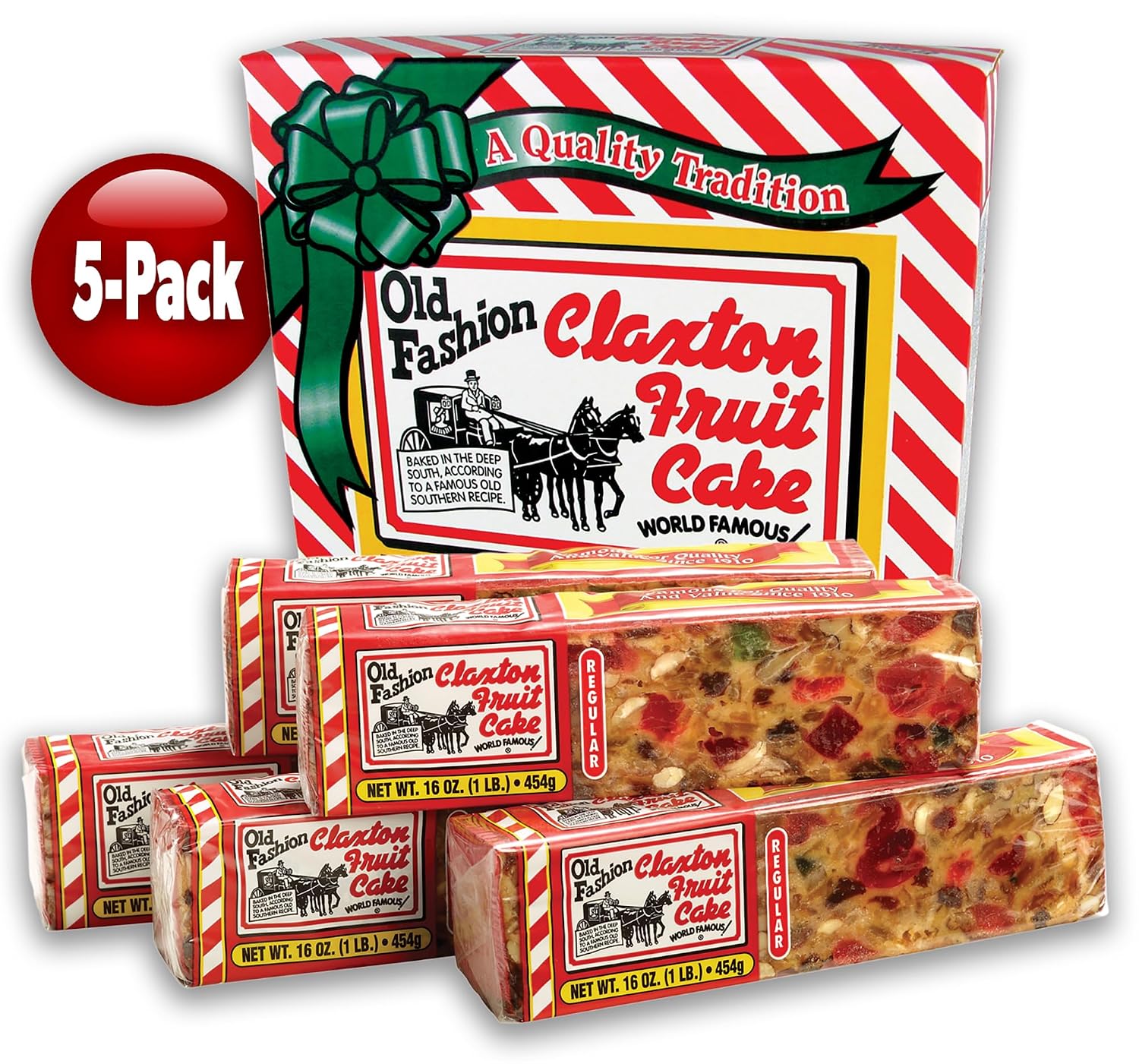 Claxton Fruit Cake – 5-1 lb Regular Recipe Loaves | Individually Wrapped | Packaged in Signature Red-and-White Gift Carton | Old-Fashioned Holiday Fruitcake Since 1910 | 5 Pack