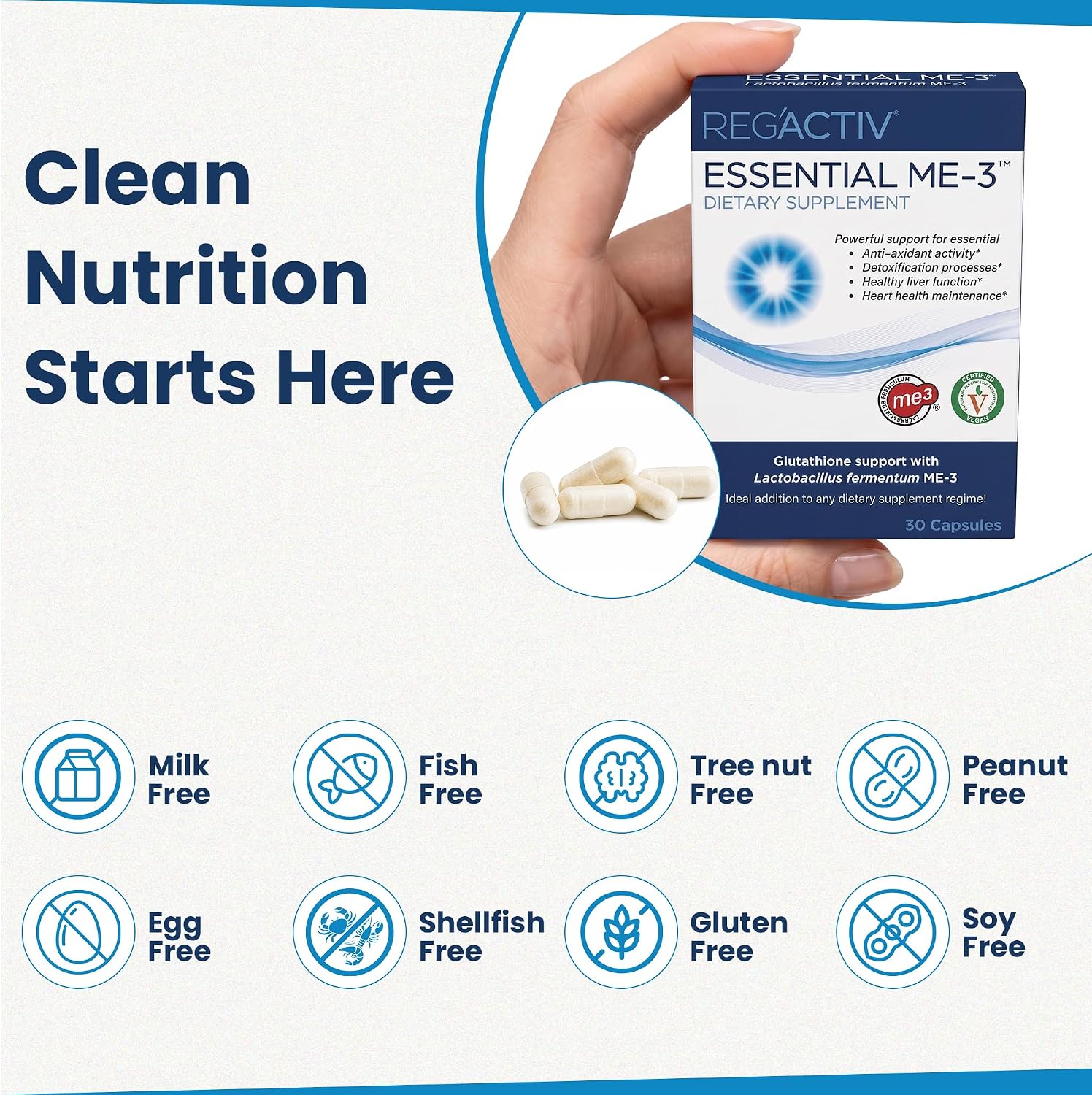 Reg'Activ Essential ME-3 Glutathione Supplement, Probiotic, 30 Vegan Caps