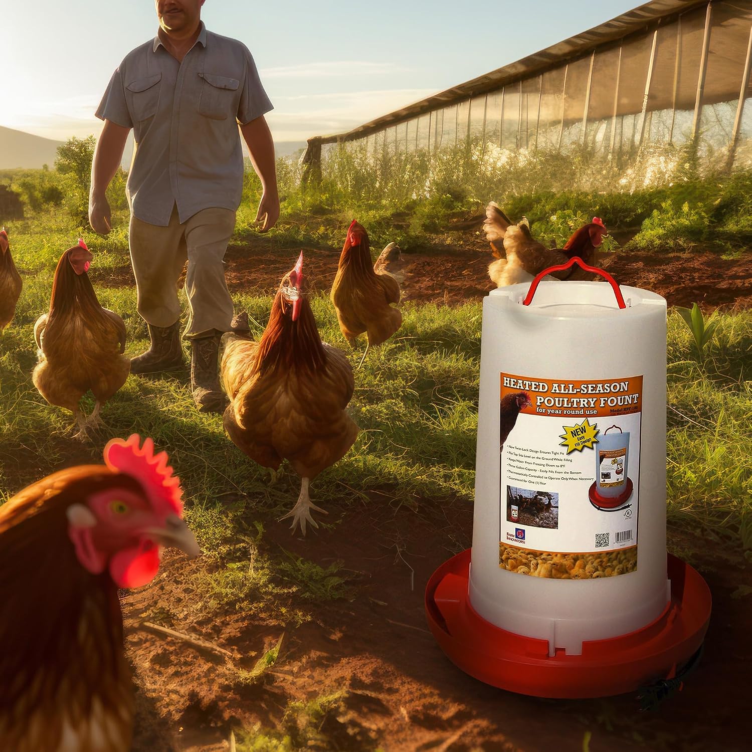 Farm Innovators Thermostatically Controlled Heated 3 Gallon Plastic Outdoor Year Round Hanging Water Fountain for Poultry Watering, Red | Thermostatically controlled, foldable legs adjust to three different heights, keeps water from freezing down to 0° F