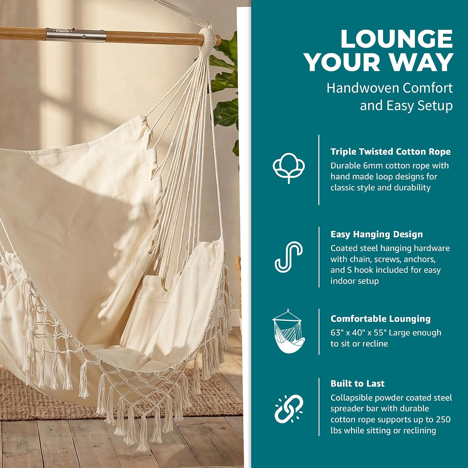 Bliss Hammocks BHC-412NT Island Rope Hammock Chair, Eco Friendly & Hand Woven, Varnish Coated 40 Inch Wood Spreader, Easy to Hang w/Included Hanging Kit, Supports up to 265 pounds, Natural Rope