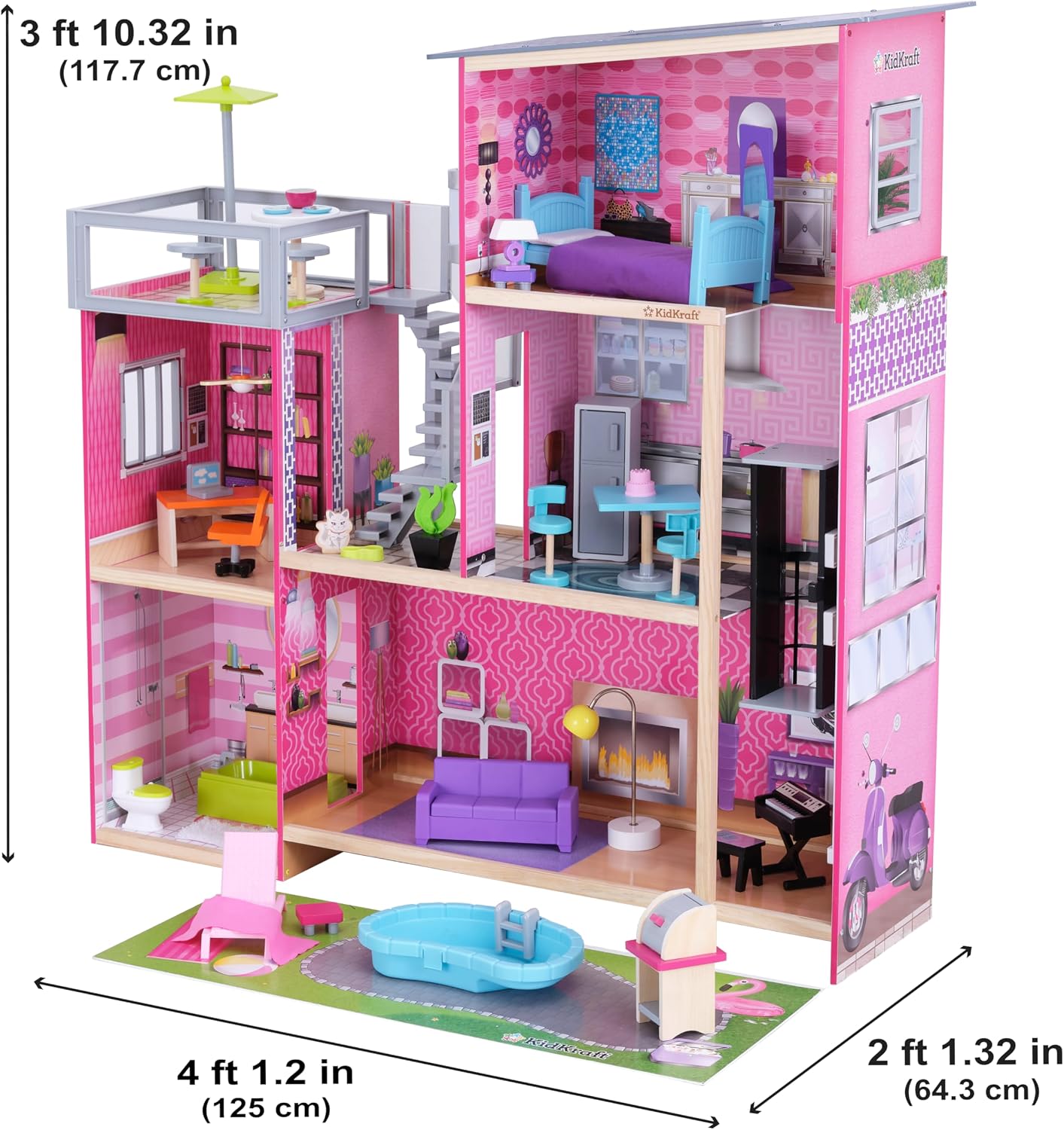 KidKraft Uptown Wooden Modern Dollhouse with Lights & Sounds, Pool and 36 Accessories | Over 3 Feet Tall Pink Mansion Doll House, Working Elevator